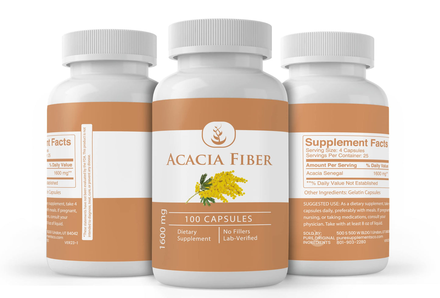 PURE ORIGINAL INGREDIENTS Acacia Fiber, (100 Capsules) Pure, No Additives Or Fillers, Lab Verified