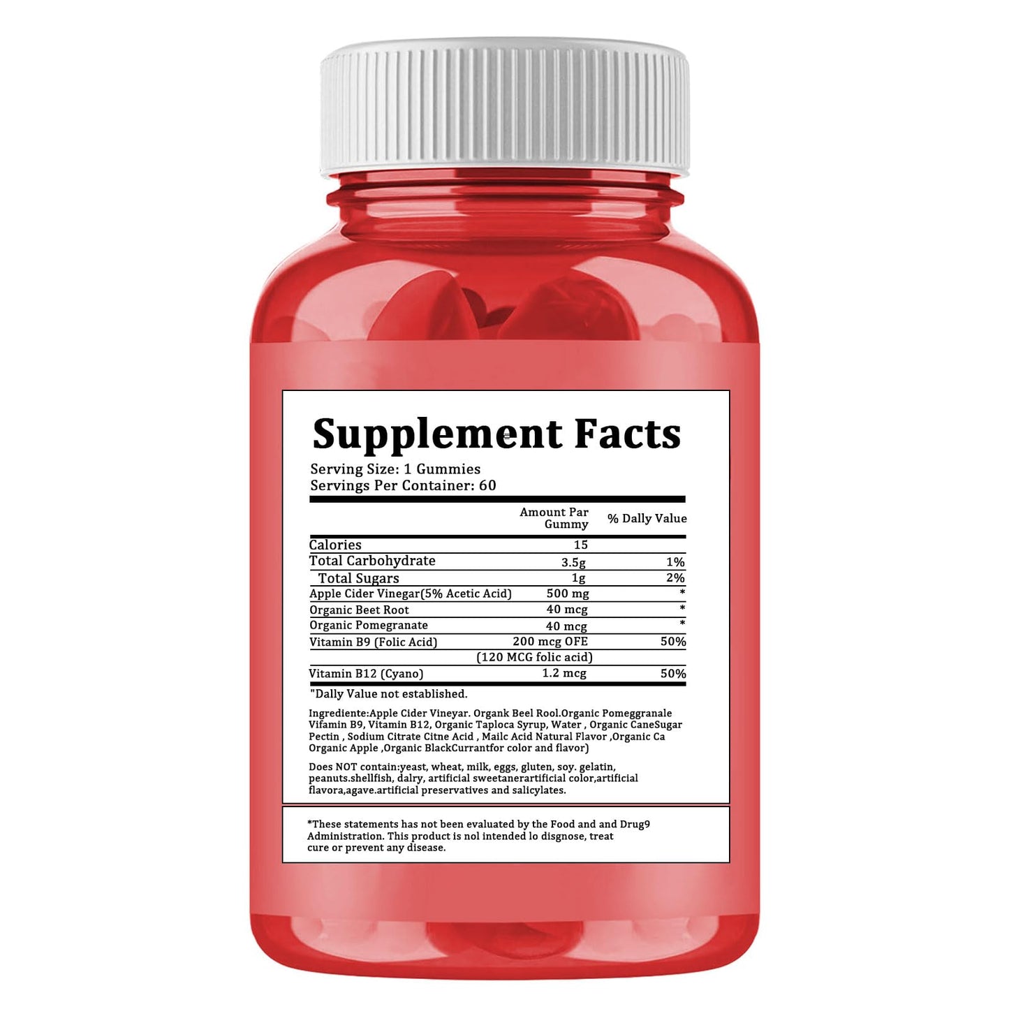 Apple Cider Vinegar Gummies - 60 Count, ACV Gummies Vitamin B12 Supplement, Vegan, Non-GMO, Gluten-Free & Gelatin Free, Apple Flavored Gummy Vitamins for Energy