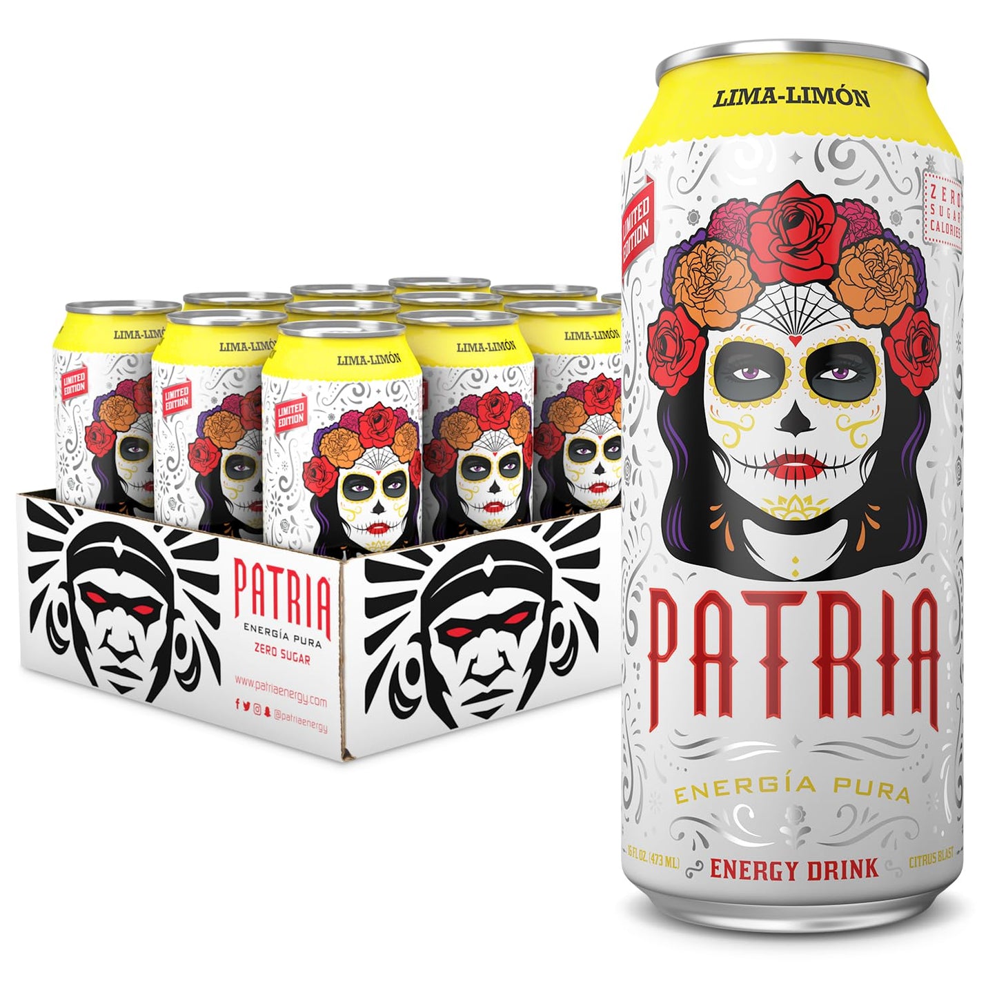 Patria Day of the Dead 16oz Sugar Free Energy Drink 200mg of Caffeine Natural Flavor Citrus Blast 12 pack