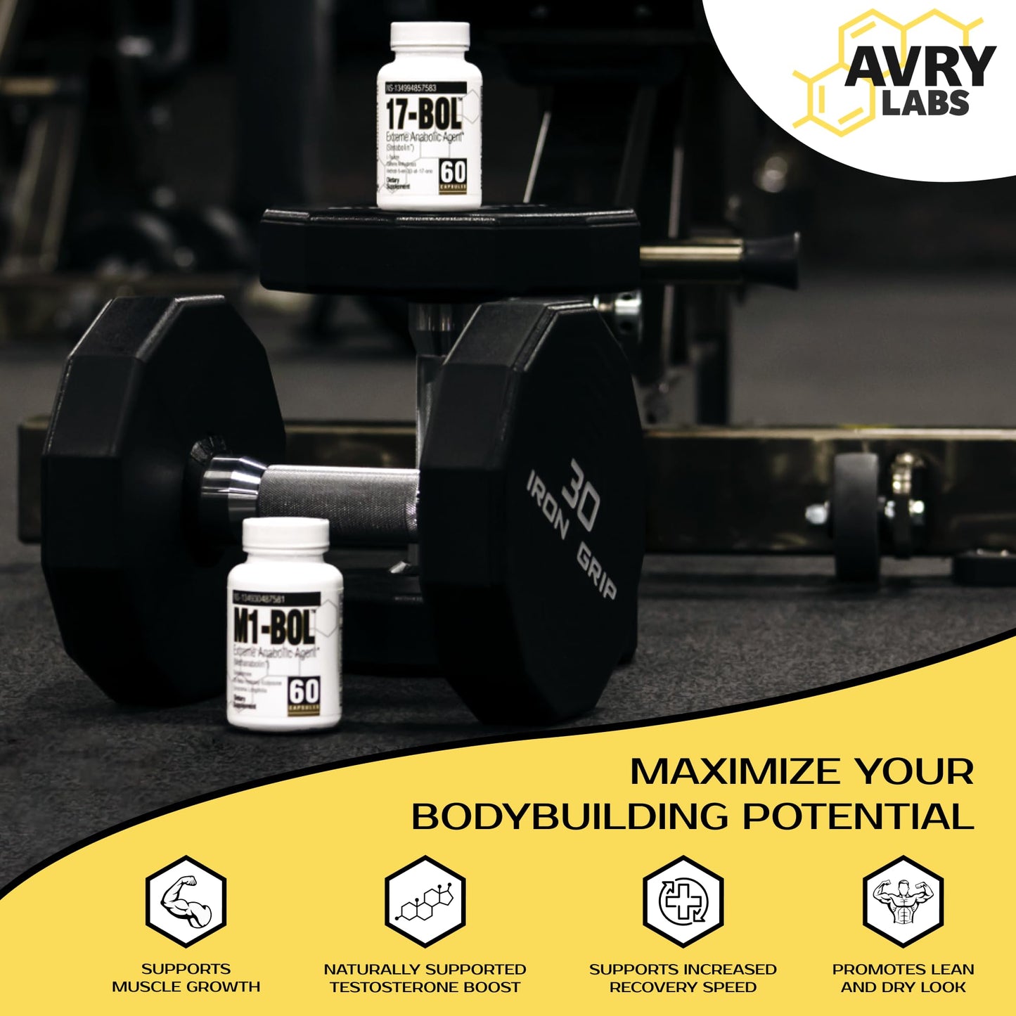 Avry Labs Mass Stack Anabolic Supplement Bundle, M1-BOL and 17-BOL Support Hardening, Cutting, Vascularity, Muscle Growth, Strength, and Mass, 2 Month Supply