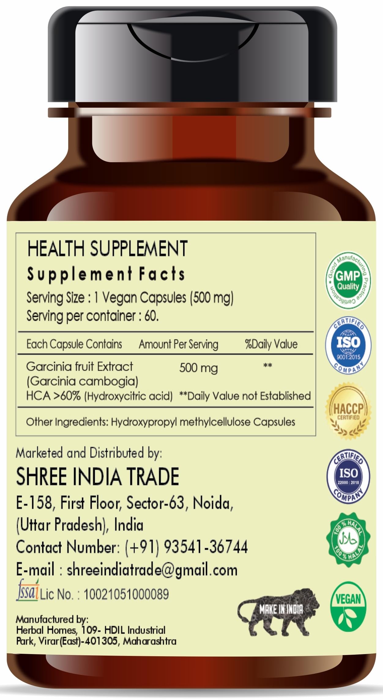 AYURVEDASHREE Garcinia Extract 500mg - 60 Vegetarian Capsules|Garcinia Cambogia| All Natural | 100% Vegan | Gluten-Free | GMP Certified