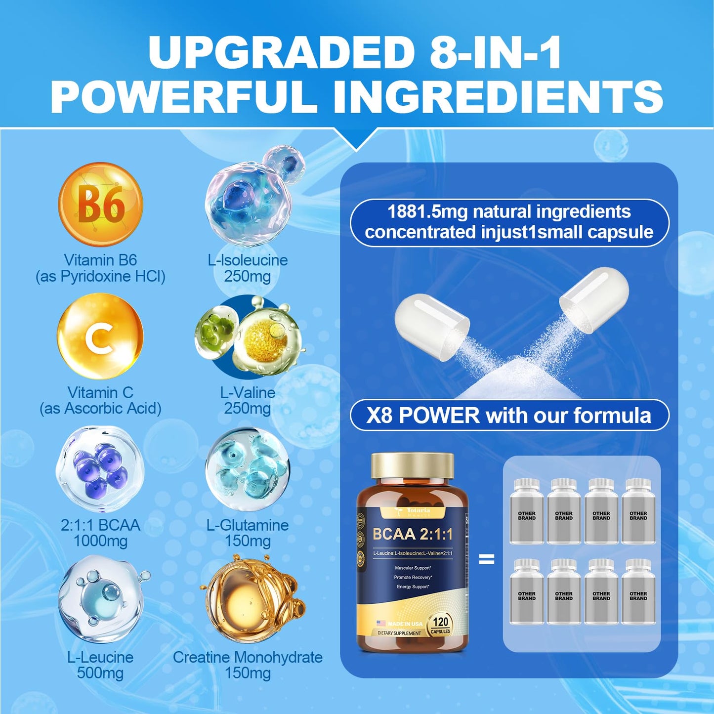 BCAA 2:1:1 - High Purity Branched Chain Amino Acids Supplement with Creatine Monohydrate, L-Glutamine, Vitamin B6 and Vitamin C for Men & Women, 120 Count