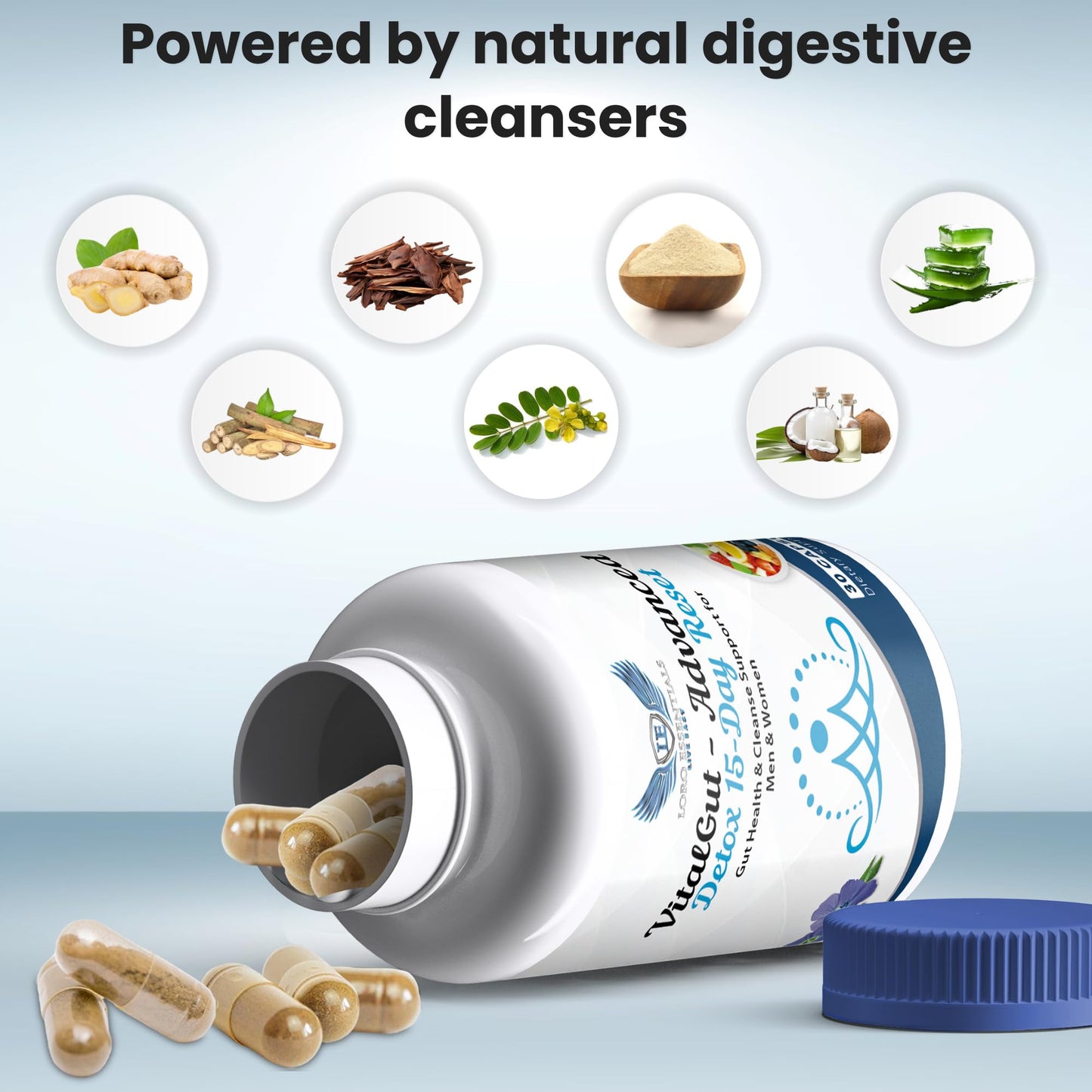 LORO ESSENTIALS VitalGut Advanced Gut and Colon Cleanse Detox for Women & Men,15-Day Reset Gut Health Support,Whit Senna, cascara Sagrada and Psyllium Husk-Non GMO 30 Capsules