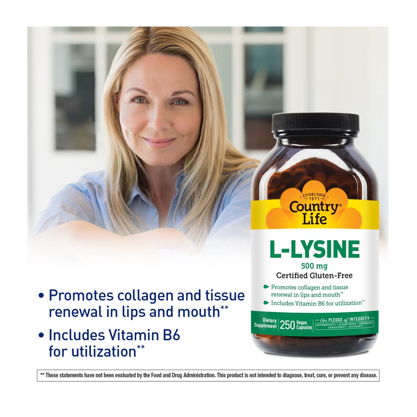 Country Life L-Lysine 500mg with B-6, Supports Immune Health, Promotes Collagen Renewal in Lips and Mouth, 250 Vegan Capsules, Certified Gluten Free, Certified Vegan