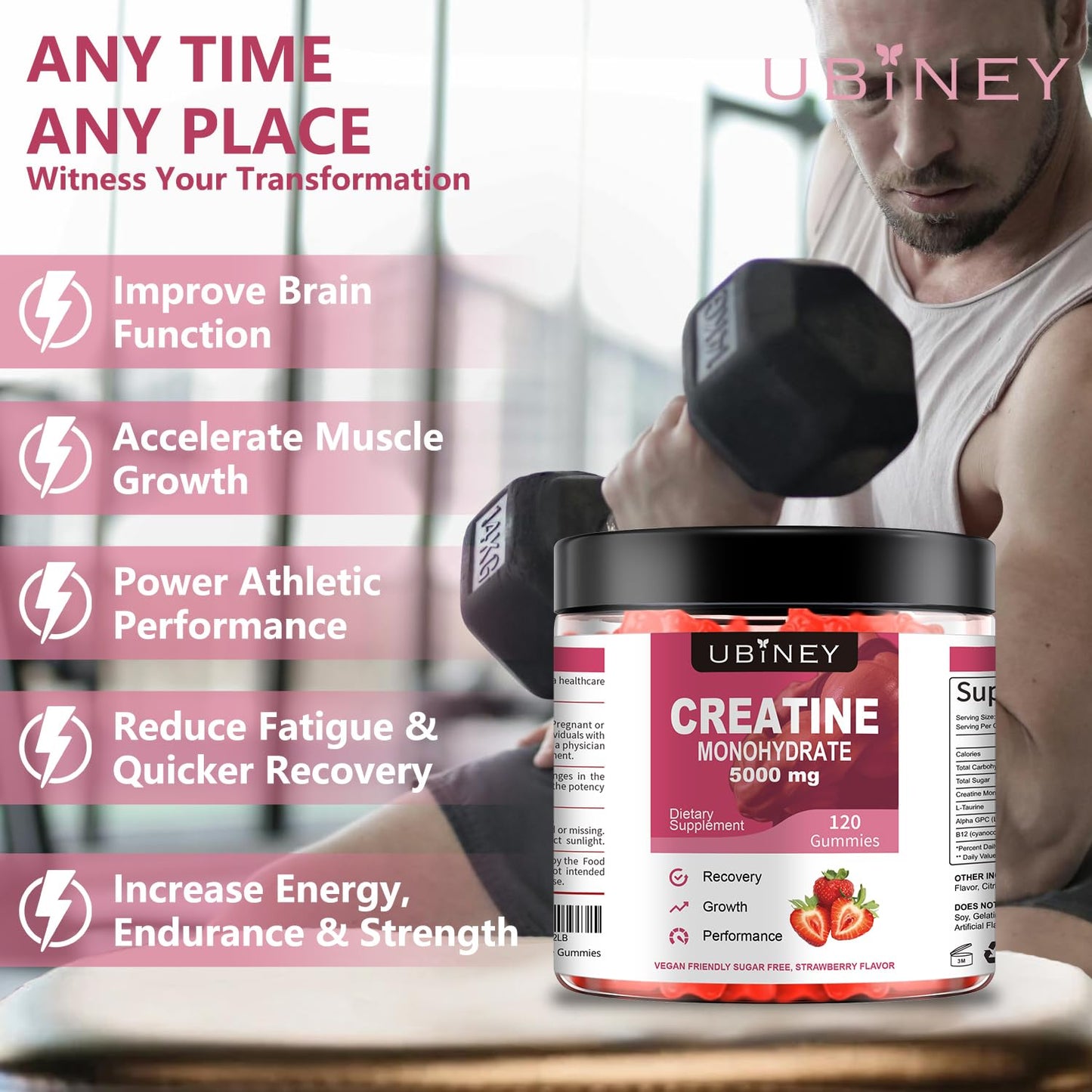 Creatine Monohydrate Gummies 5000mg - Sugar-Free, Vegan, Gluten-Free - Enhanced with Vitamin B12 & L-Taurine for Muscle Growth, Recovery & Strength - Delicious Strawberry Flavor, 120 Count