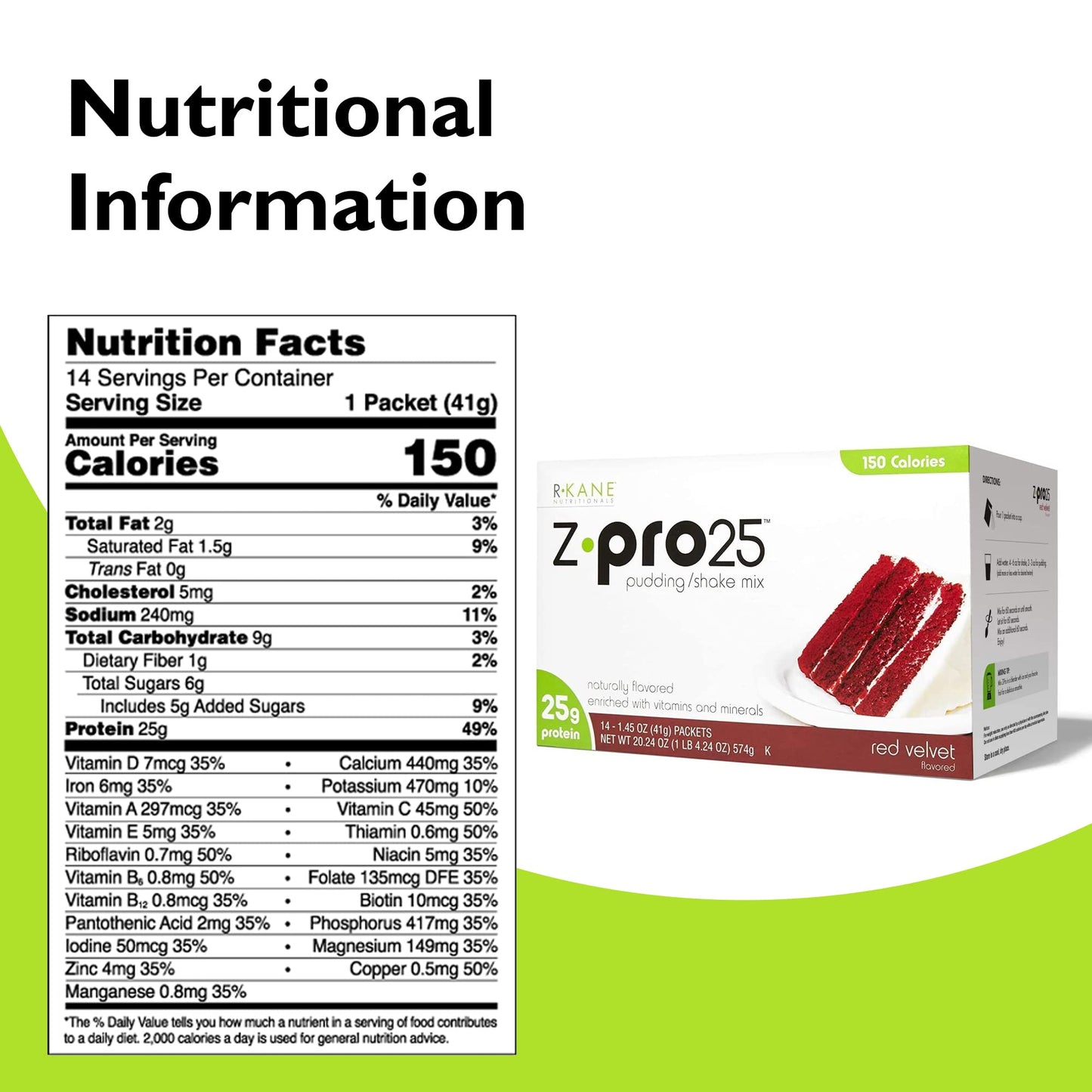 R-Kane Nutritionals Z-Pro Red Velvet Protein Drink Mix - High Protein, Low Calorie Low Fat Shake and Pudding Mix- Meal Replacement, On-The-Go Packets - Breakfast Boost - 25g Protein - 14 Packets