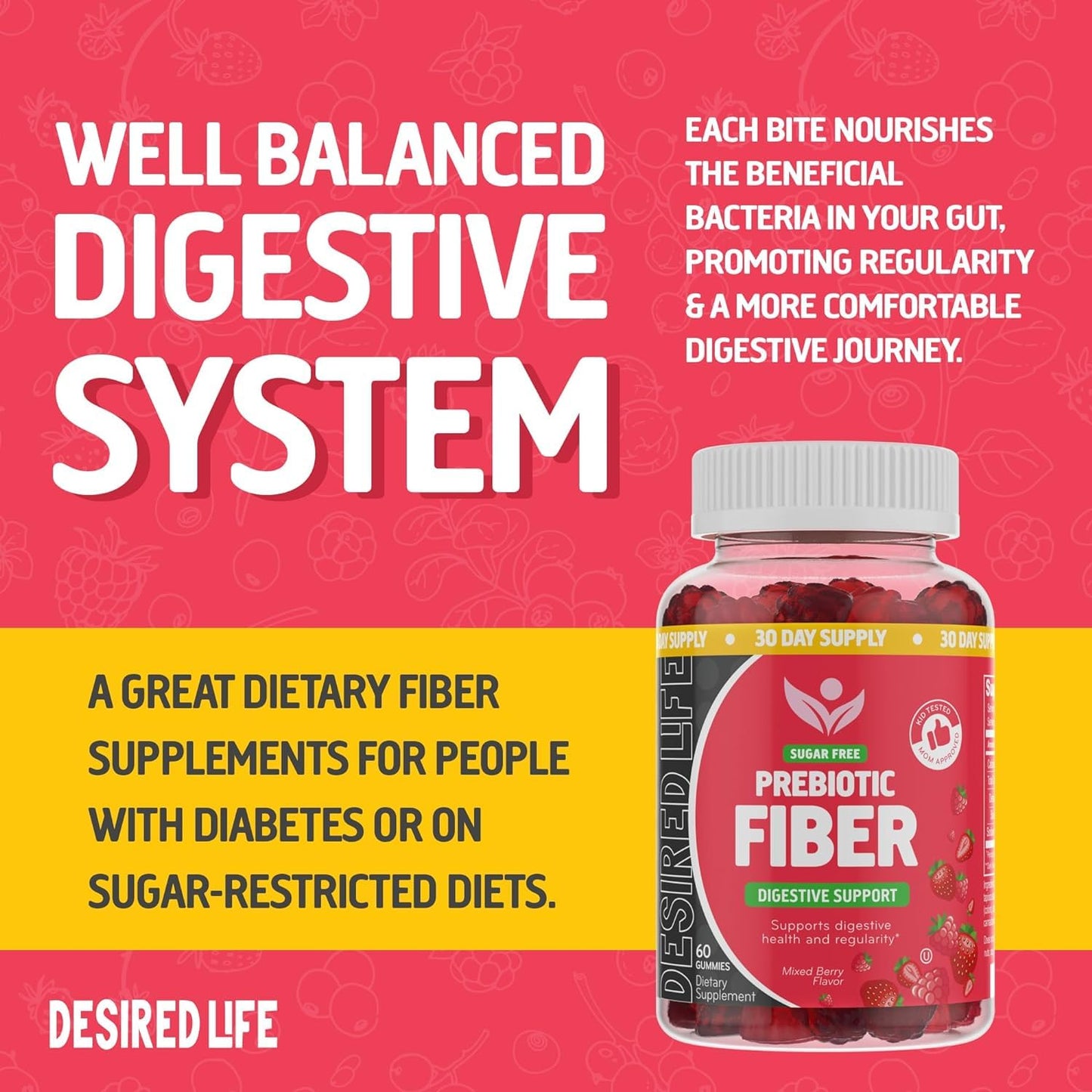 Desired Life Prebiotic Fiber Gummies for Adults and Kids - 4g Sugar Free Natural Berry Flavored Gummies - Supports Digestive Health and Metabolism. (60 Count/Pack of 2)