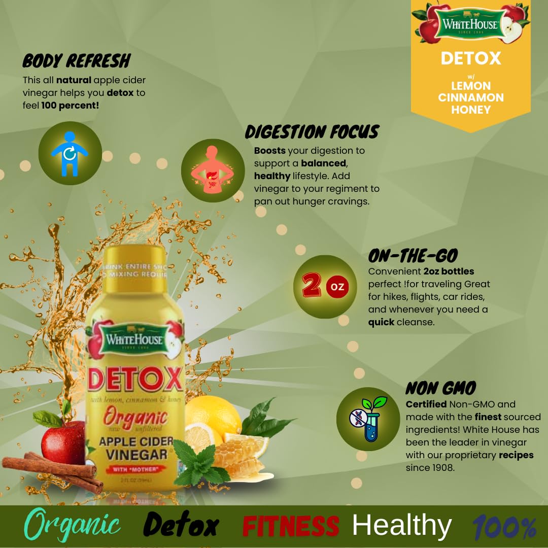 White House Detox Apple Cider Vinegar Shots, Raw Unfiltered, On the Go (Detox, Pack of 24)