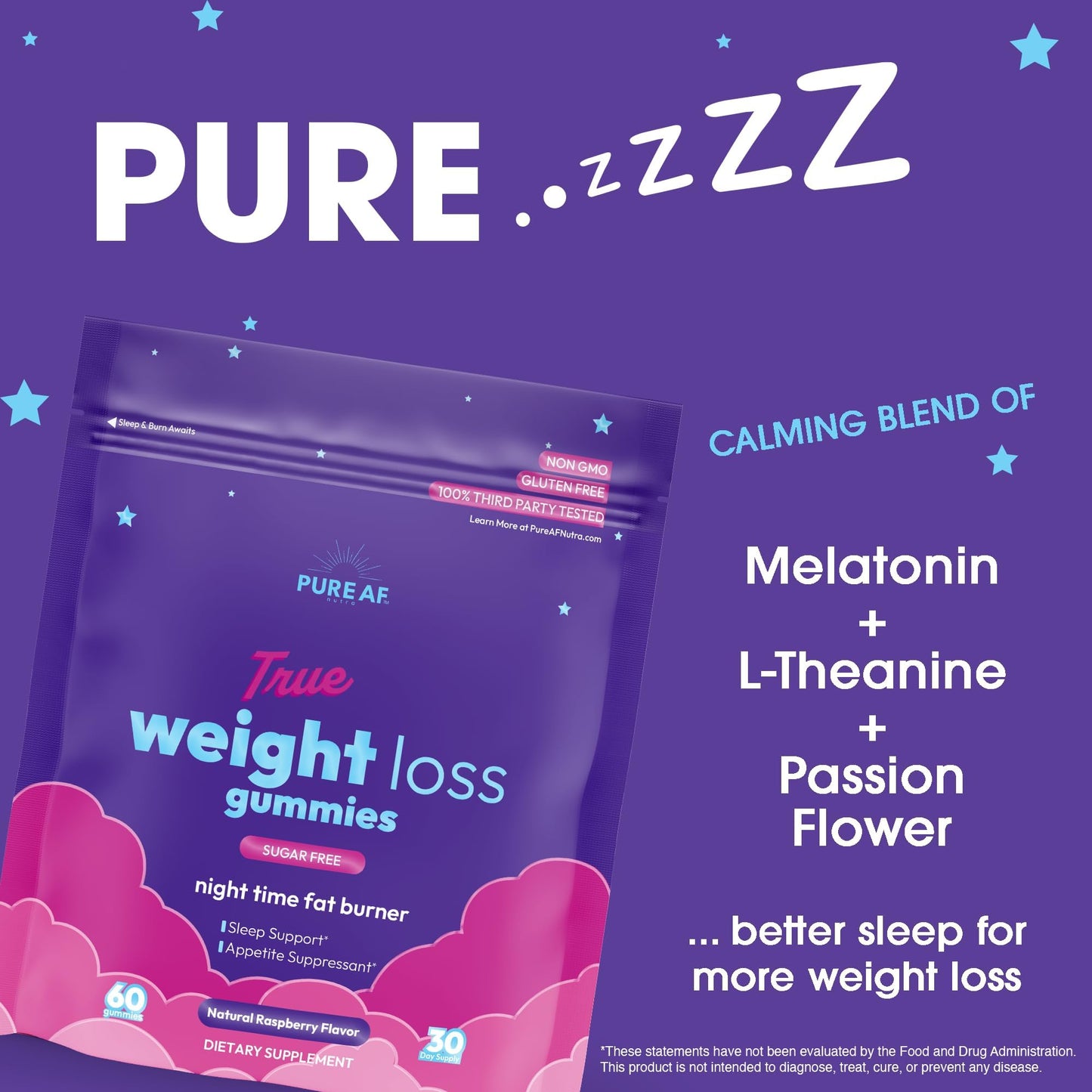 Pure AF Nutra Night Time Fat Burner Gummies, Sleep Supplement & Weight Loss | Skinny Vitamin | Appetite Suppressant & Metabolism Booster | Nighttime Diet Gummies for Women & Men