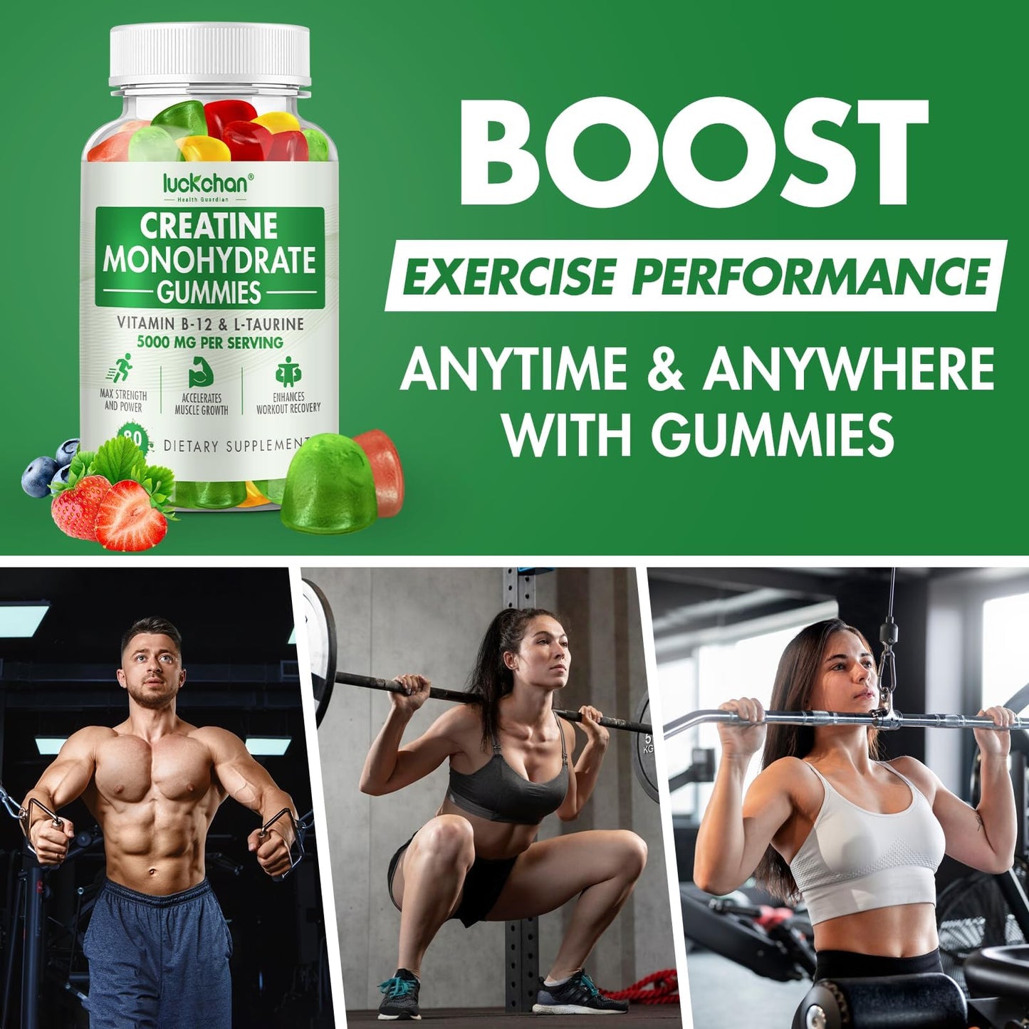 LUCKCHAN Creatine Monohydrate Gummies 5000mg for Men & Women (2 Pack) - Chewables Creatine Monohydrate for Muscle Strength, Muscle Builder, Energy Boost, 160 Count Pre-Workout Supplement