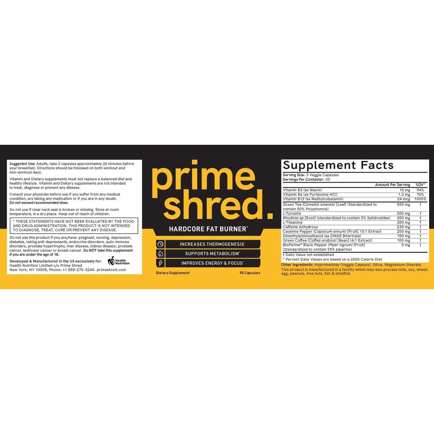 PrimeShred: Fat Burner for Men, Natural Appetite Suppressant, Thermogenic Workout Metabolism Booster & Energy Supplement, Weight Management w/Green Tea, Caffeine L-Carnitine, Vegan & Soy-Free, 90 Caps