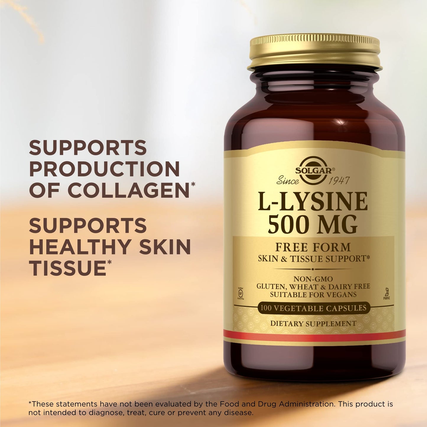 SOLGAR L-Lysine 500 mg - 100 Vegetable Capsules - Skin & Tissue Support - Non-GMO, Vegan, Kosher, Gluten Free - 100 Servings