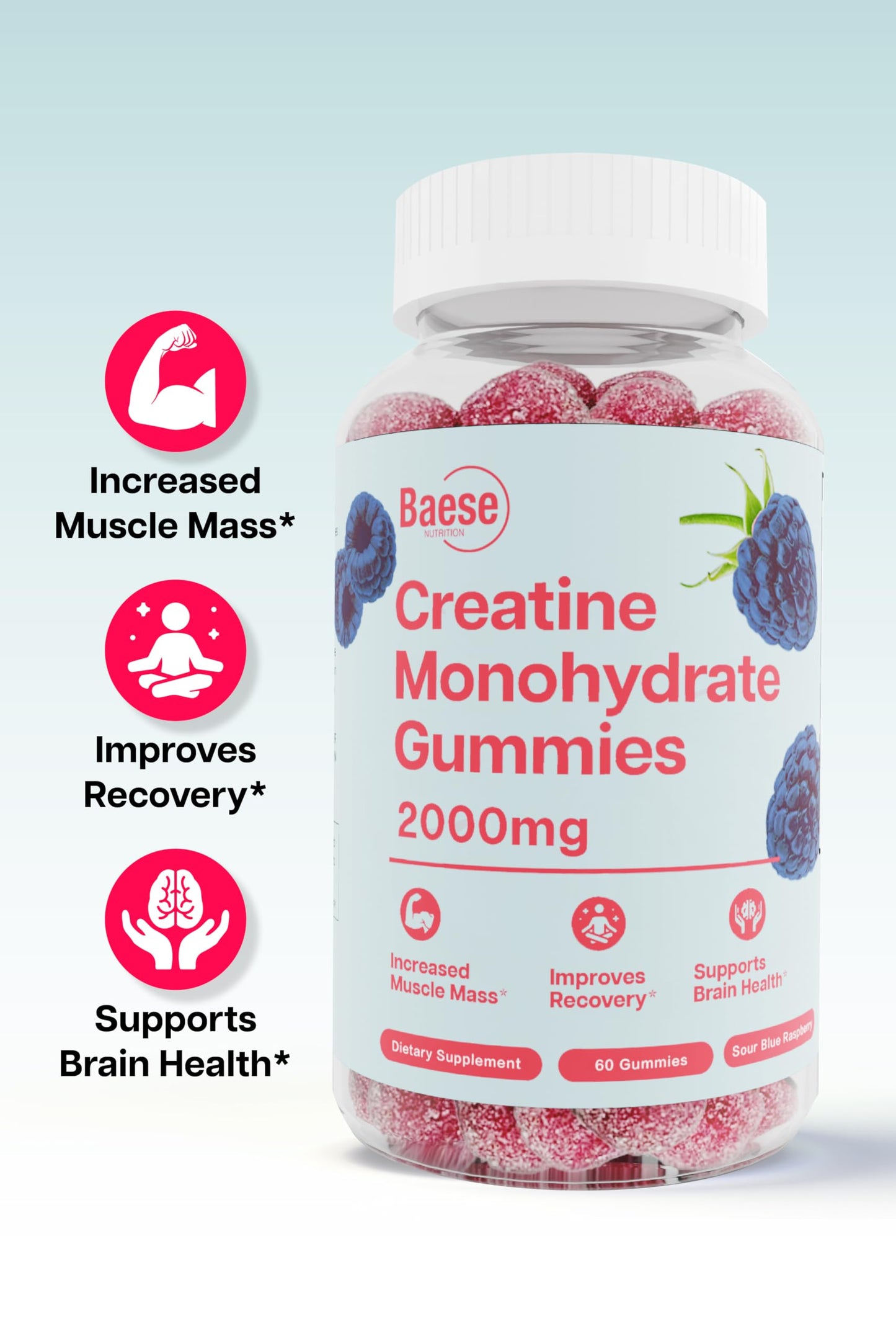 Baese Nutrition Creatine Monohydrate Gummies for Men & Women - High Purity Sour Blue Raspberry- Chewable Creatine Infused Gummy for Muscle Strength & Energy Boost, Bioavailable Pre-Workout Supplement