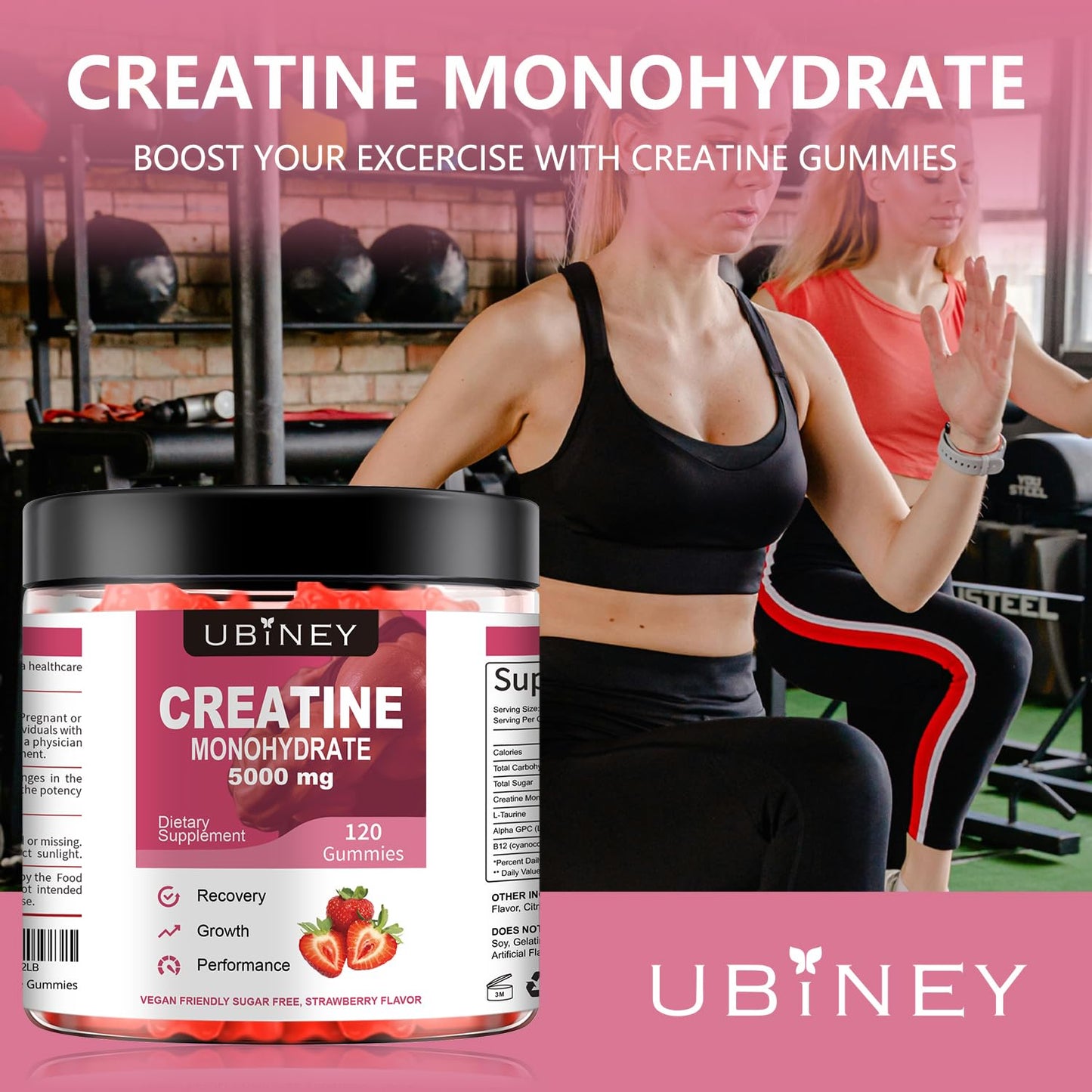 Creatine Monohydrate Gummies 5000mg - Sugar-Free, Vegan, Gluten-Free - Enhanced with Vitamin B12 & L-Taurine for Muscle Growth, Recovery & Strength - Delicious Strawberry Flavor, 120 Count