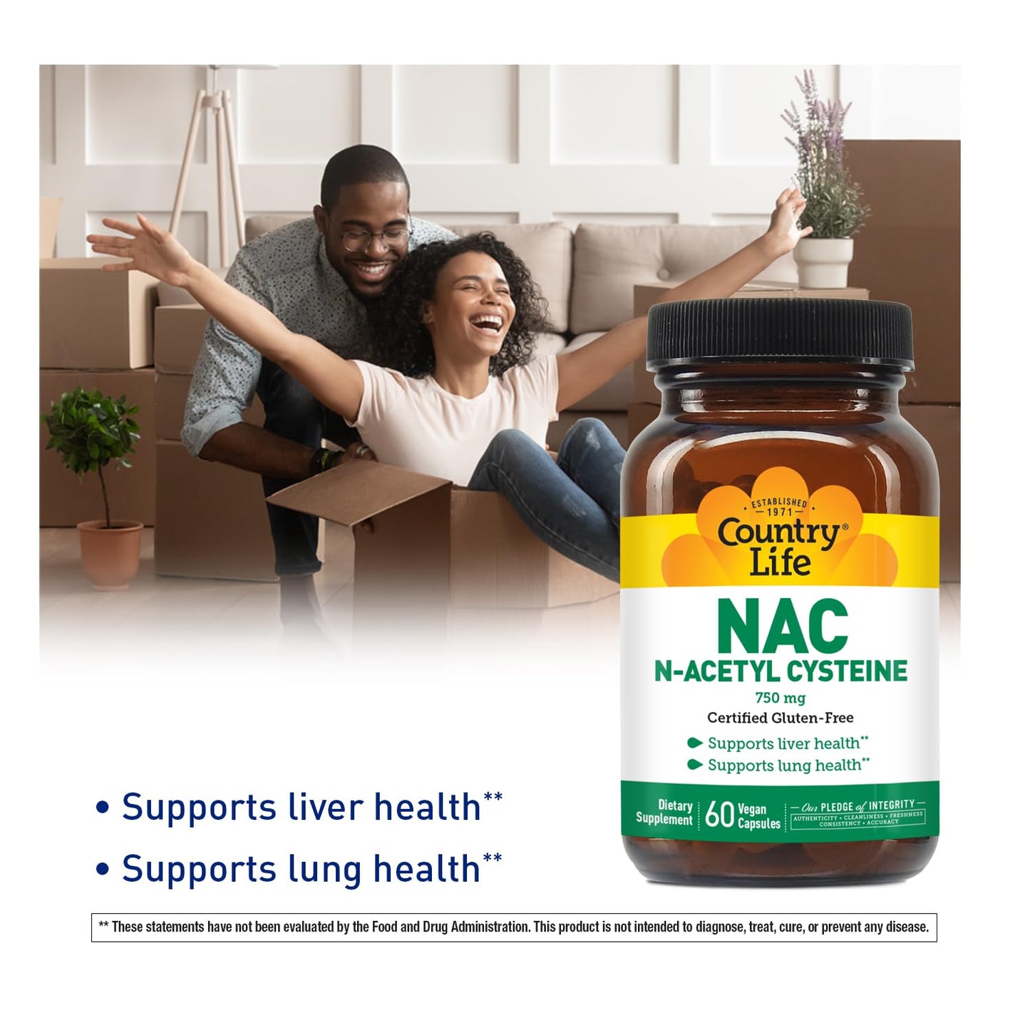 Country Life N-Acetyl Cysteine (NAC) 750 mg - Premium Liver Support and Lung Health Supplement - Powerful Antioxidant Protection, Liver Detox & Cleanse, Immune Support, 60 Vegetarian Capsules