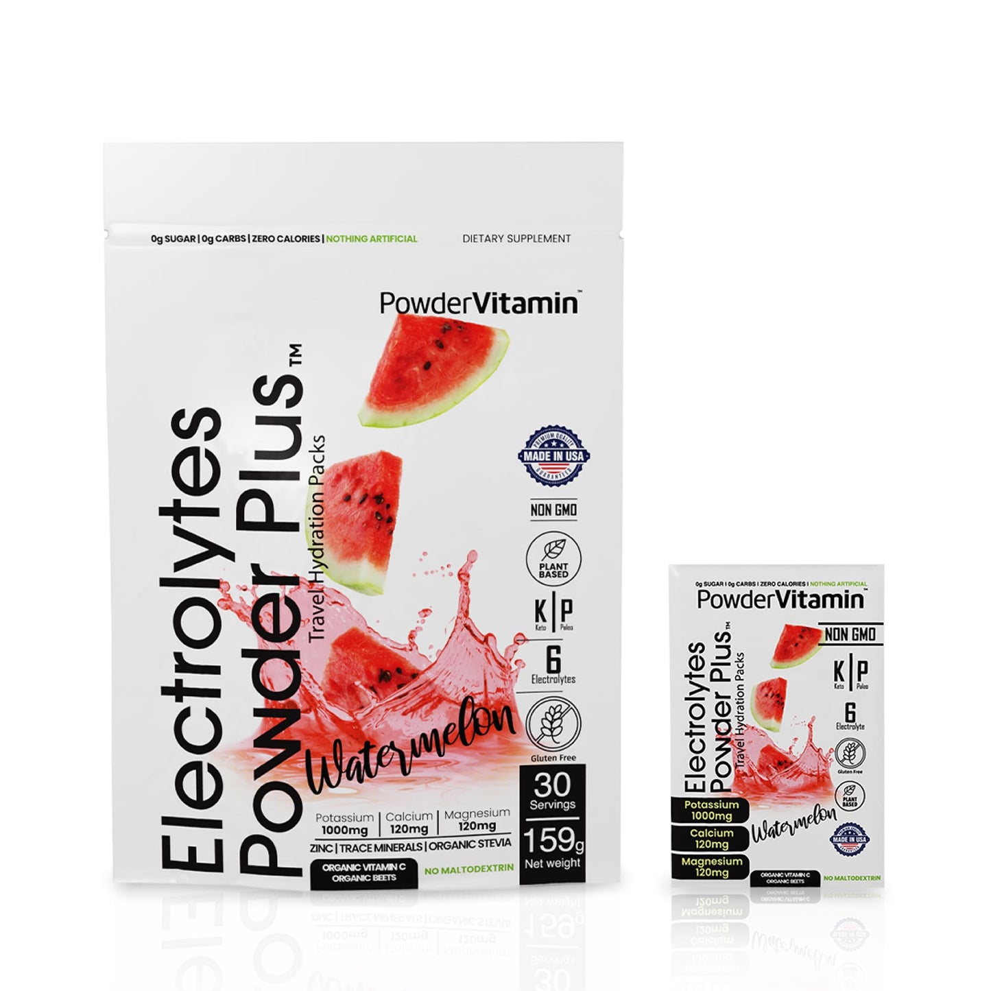 PowderVitamin Electrolytes Powder Plus, Keto, Watermelon, Sugar Free, 1000mg Potassium, 120mg Calcium, 120mg Magnesium, Non-GMO, Zero Calories, 30 Hydration Packets