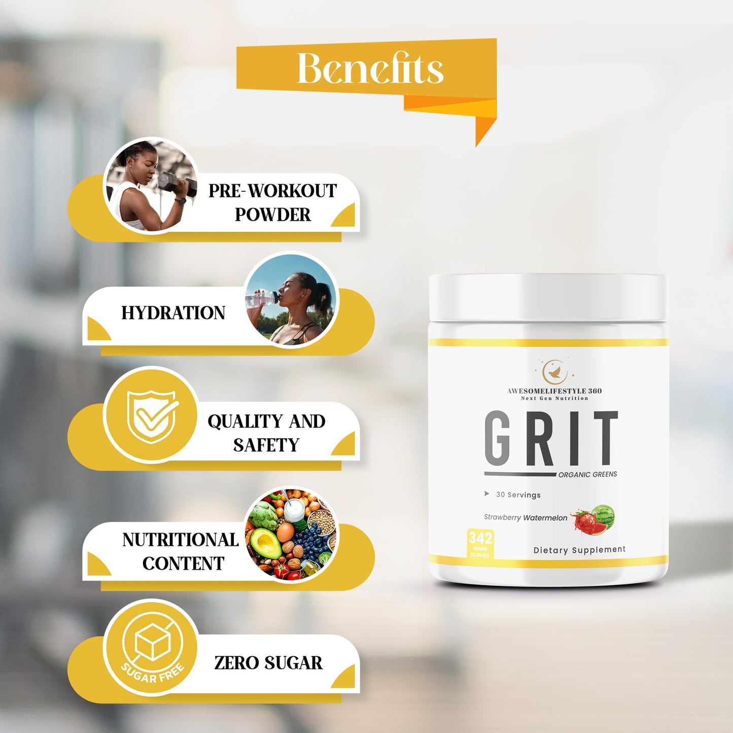 Awesomelifestyle360 Next Gen Nutrition GRIT Organic Greens Strawberry Watermelon Flavor General Health Dietary Supplement Preworkout Energy, Focus & Pumps with Beta, Immune Support