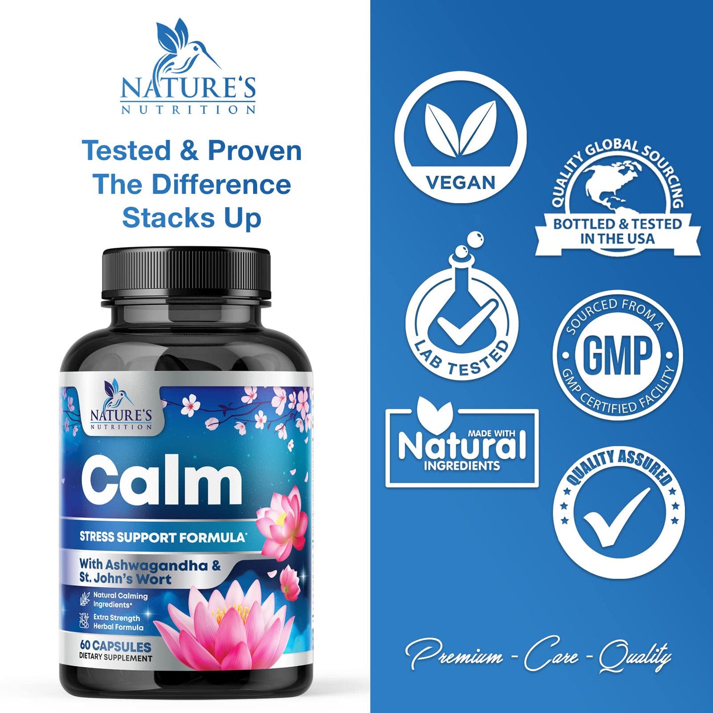 Natural Calm, Unwind & Relax Support with Ashwagandha, GABA, Magnesium, 5-HTP, L-Theanine & B Vitamins, Natural Focus, Energy & Immune Support - Nature's Non-GMO, Vegan, Gluten Free - 60 Capsules
