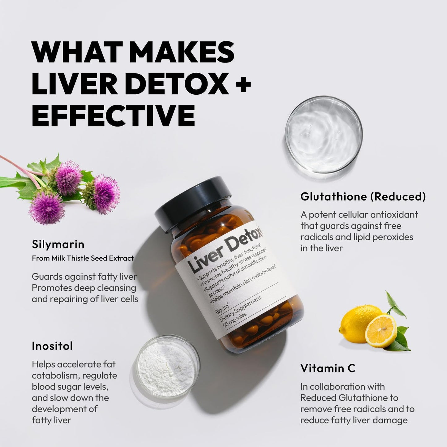 BigVita Liver Detox Vegan Gluten Free Liver Health Supplement Cleanse Detox & Repair Hangover Helper Contains Milk Thistle Glutathione Vitamin C Inositol and Selenium, 90 Capsules