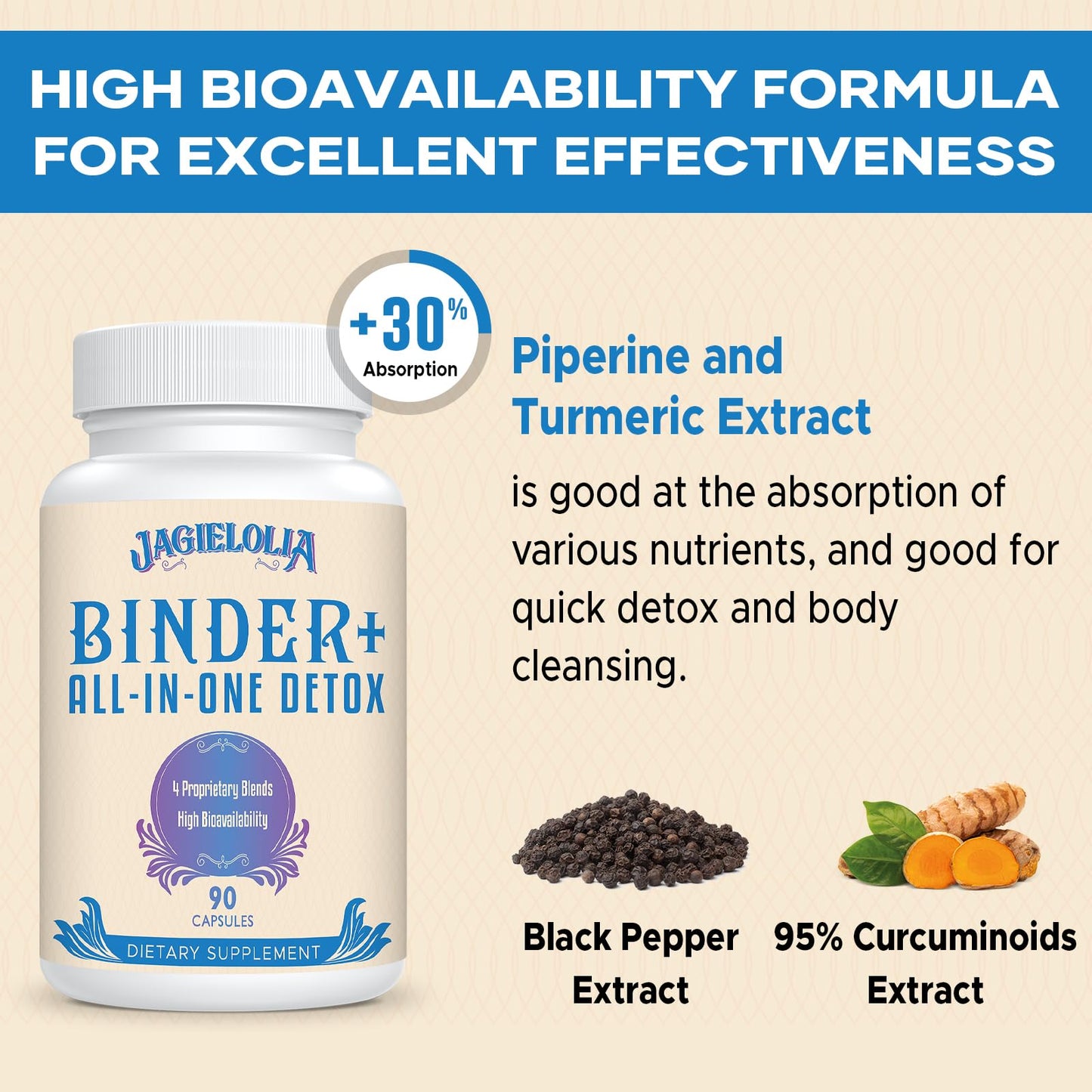 Jagielolia All-in-One Detox Binder Supplement 1500 MG - High Bioavailability, Liver Gut Detox Cleanse with Activated Charcoal, Zeolite & Bentonite Clay for Toxins, Liver, Digestive, 90 Vegan Capsules