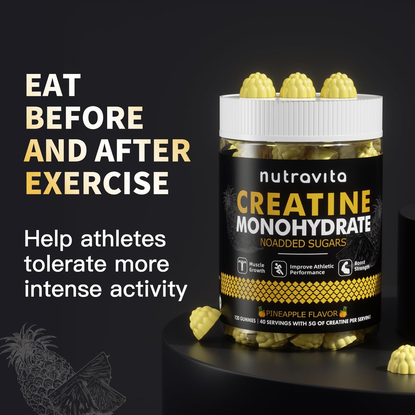 Nutravita Creatine Monohydrate Gummies for Men & Women-5g of Creatine Monohydrate per Serving - Sugar Free,Vegan,Pineapple Flavor, 120 Count