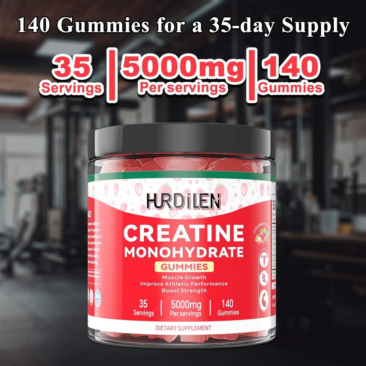 140 Count Creatine Monohydrate Gummies, 5000mg Creatine Monohydrate No Sugar Gummies for Women & Men with L-Taurine, Vitamin B12 for Muscle Strength, Muscle Recovery, Glute Builder, Energy Boost