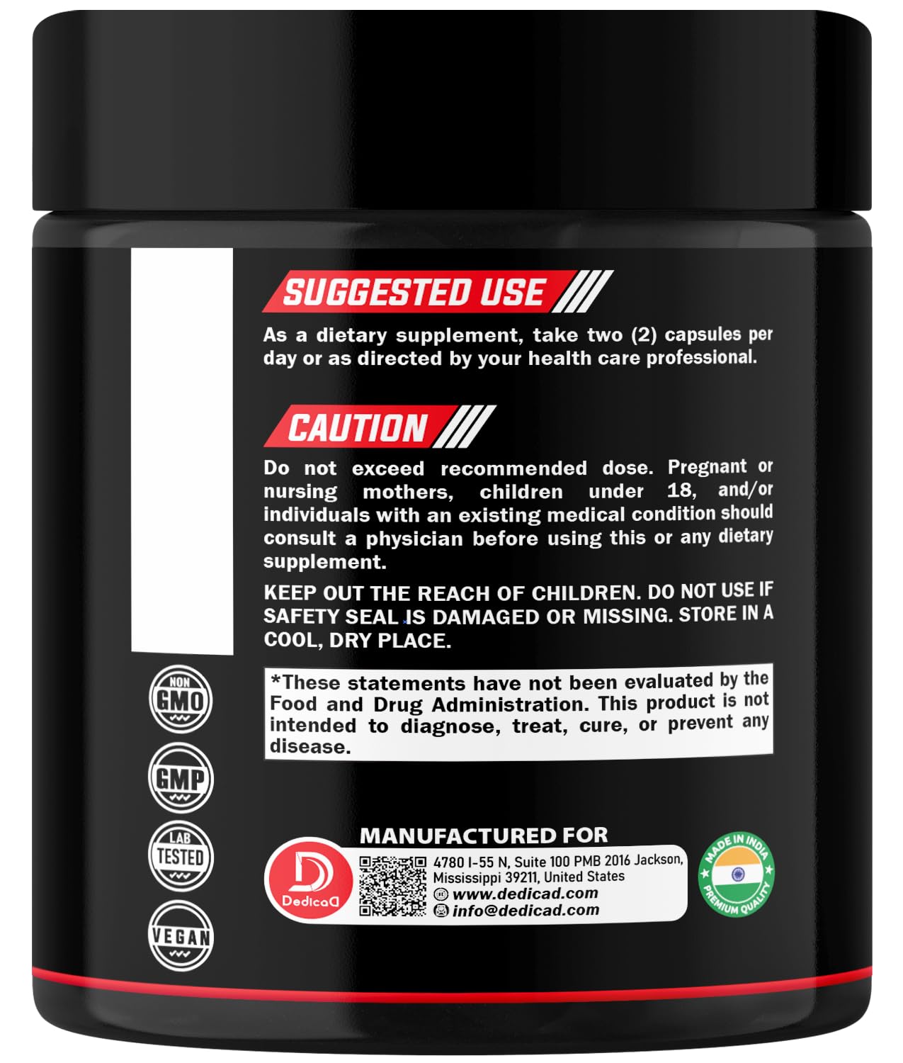 DEDICAD NAD+ Supplement 1000 mg - Pure NAD Supplement - Energy and DNA Repair, Aging Defense, Brain Function - 60 Capsules