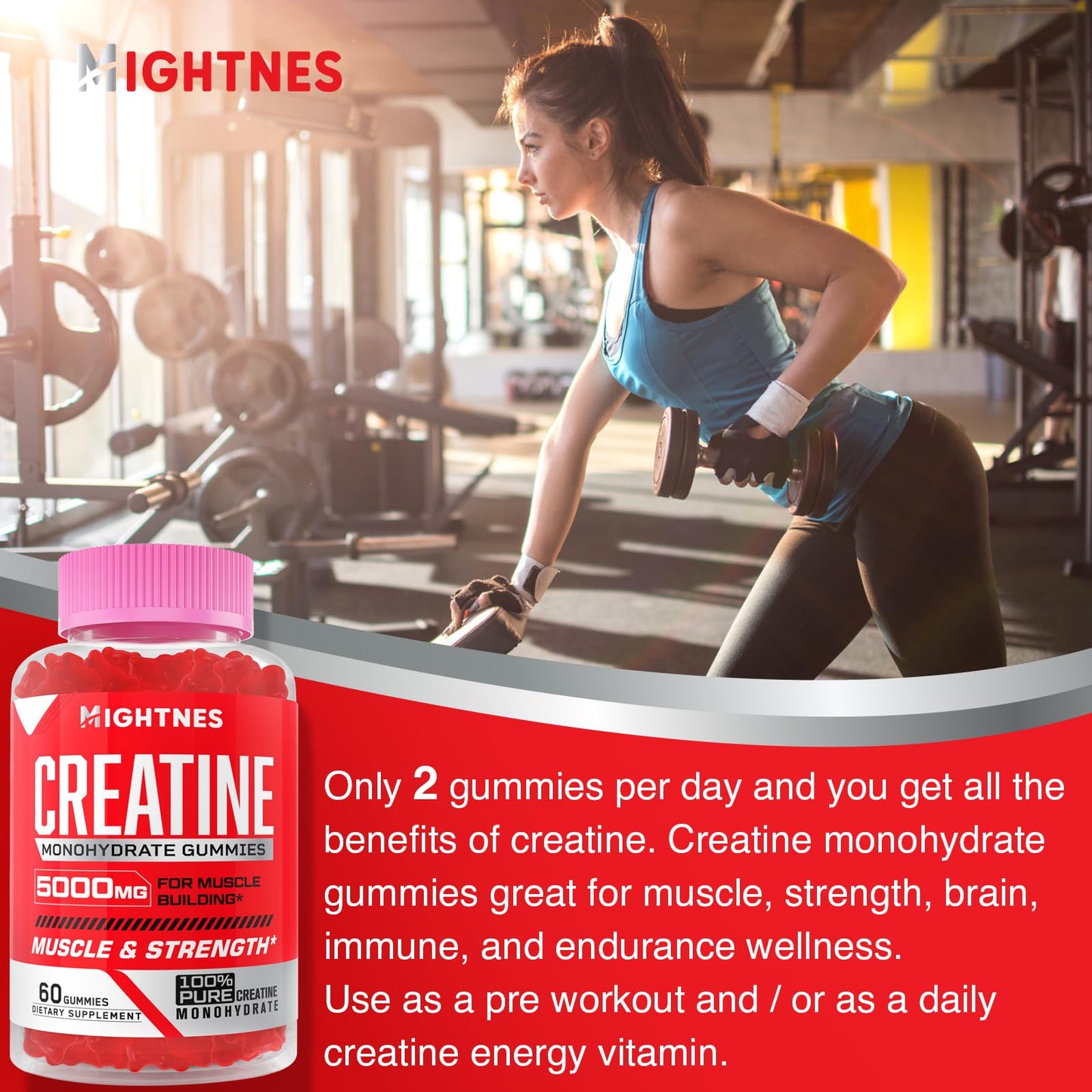 Creatine Monohydrate Gummies for Men & Women - Creatine Pre-Workout Gummies with Taurine & Vitamin B6 B12 for Maximum Strength, Muscle, Energy, Endurance & Focus, Organic, Vegan - 120 Count