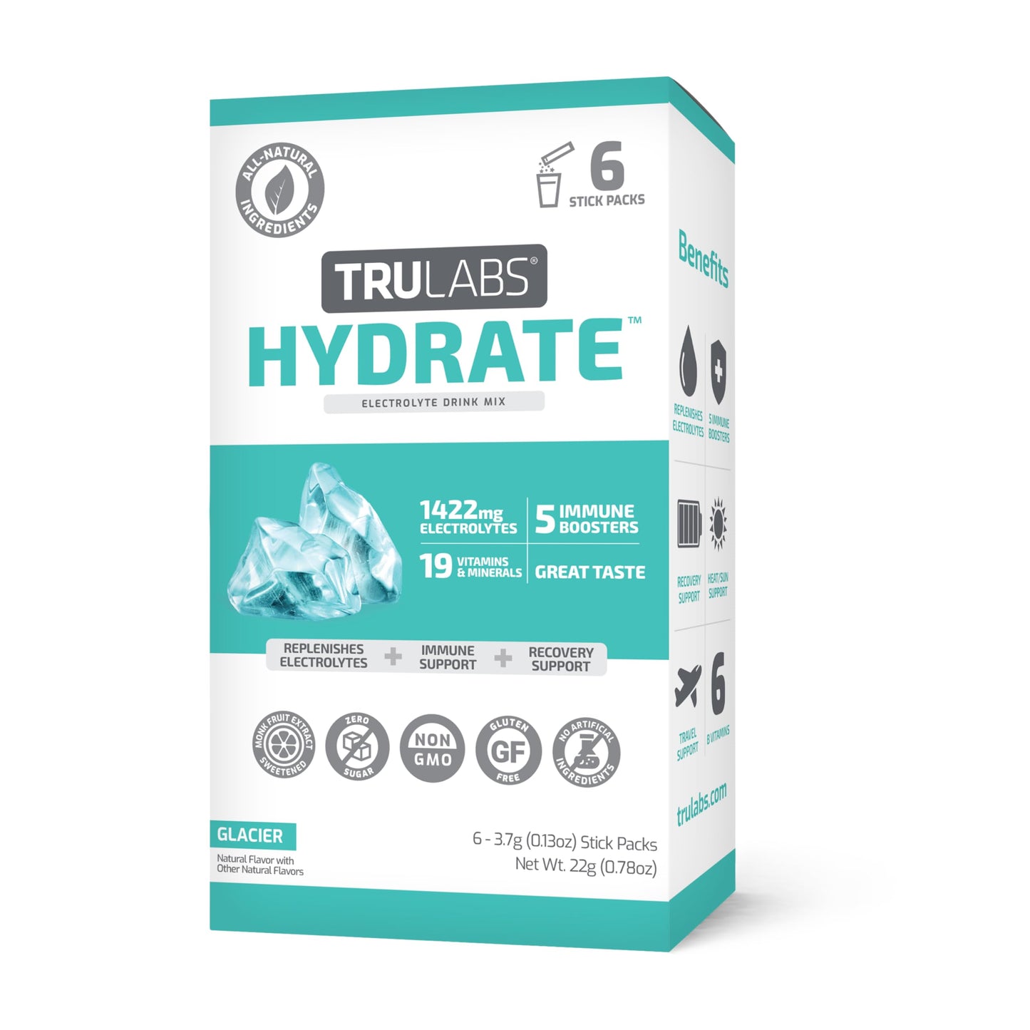 TRULABS Hydrate Glacier 6ct. Sugar Free Electrolytes Hydration Packets. Each Serving Contains 1422 mg of Electrolytes &19 Vitamins & Minerals.