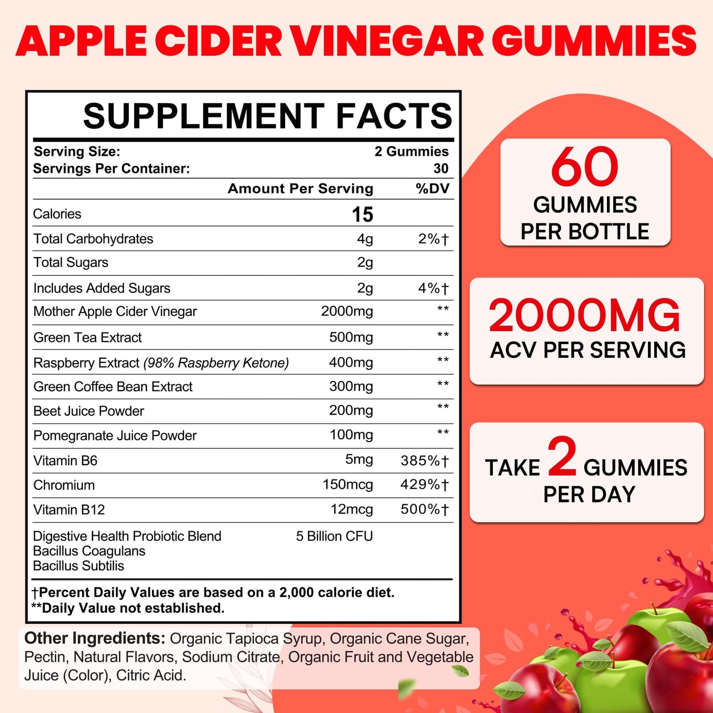 Apple Cider Vinegar Gummies, Max Strength Keto Acv Gummies with Green Tea, Probiotics, B12, B6, Keto Support, Apple Cider Vinegar with Mother for Detox & Cleanse, Digestion & Gut, Vegan, 120 Counts