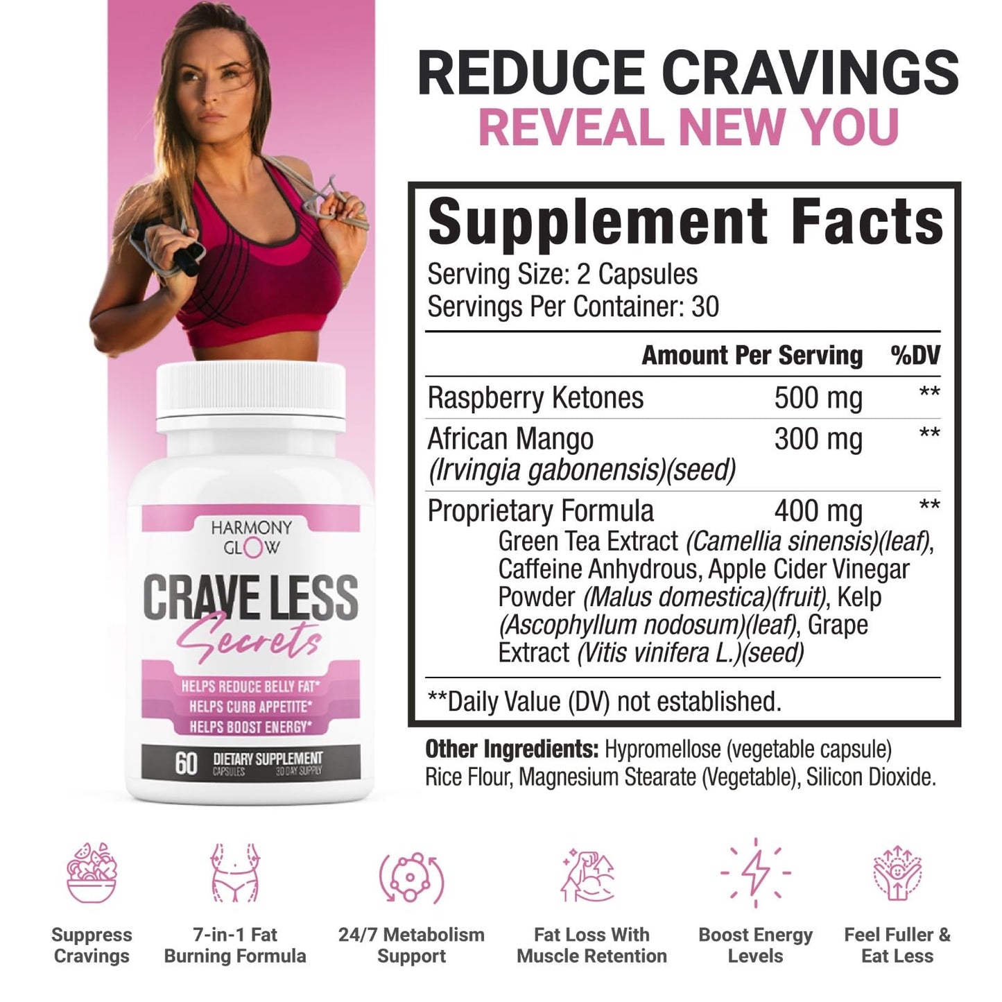 Crave Less: Secrets | NEW FORMULA Max Strength Appetite Suppressant Weight Loss Pills for Women | Belly Fat Burner, Carb Blocker, Energy Booster | 7 Ultra Ingredients for Fast Results - 60 Capsules