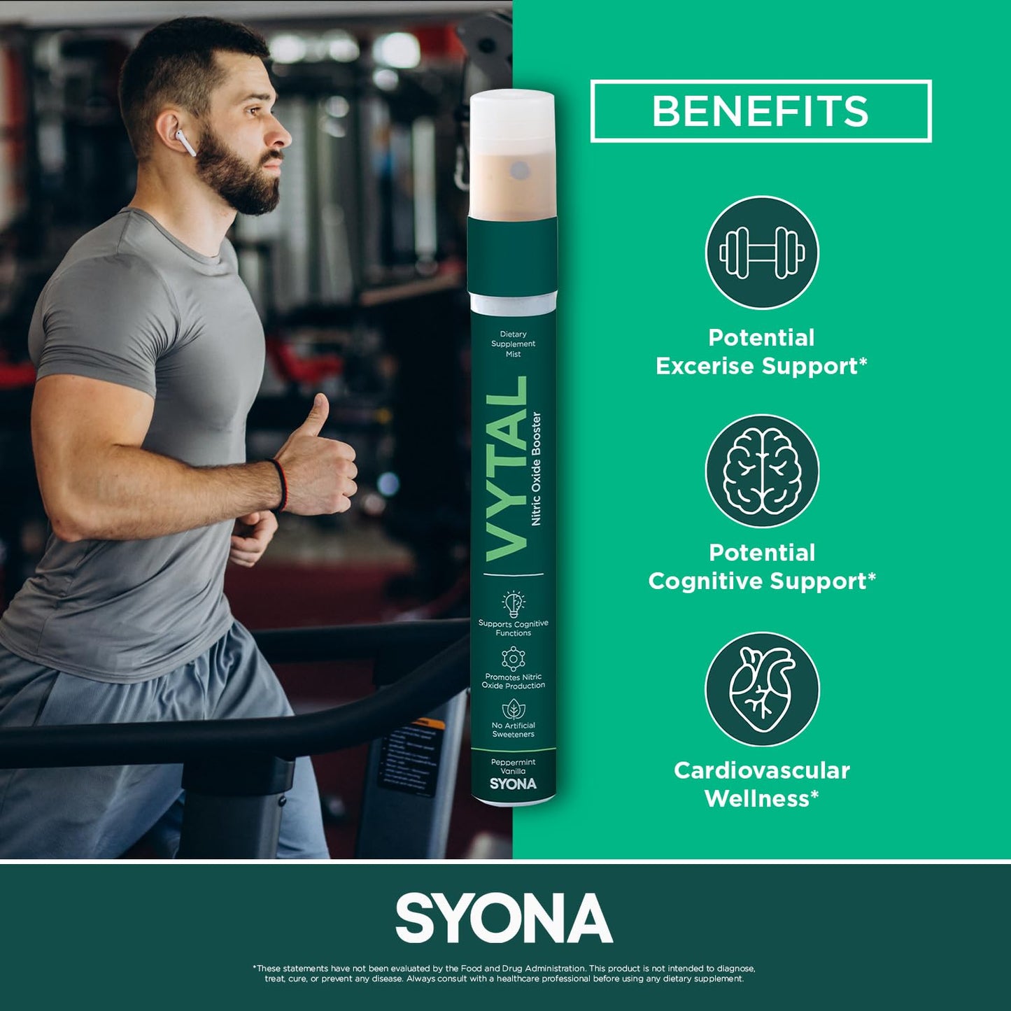 SYONA - VYTAL - Nitric Oxide Boosting Spray - Cardiovascular and Cognitive - Peppermint and Vanilla Flavor - B12, B3, L-Arginine - 14ml Pump Bottle