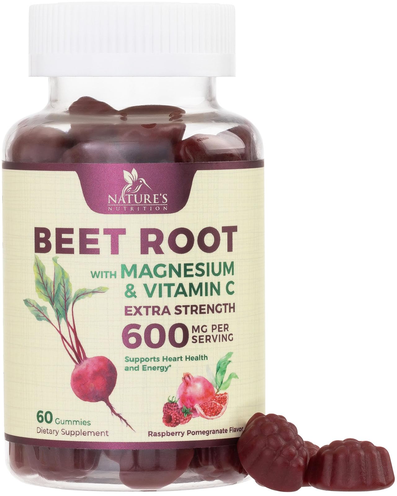 Beet Root Supplement Gummies - 500mg Per Serving with Vitamin C & Magnesium - Energy Heart Health Support, Supports Nitric Oxide Production - Gluten Free Beetroot Gummy - Berry Flavor - 60 Gummies