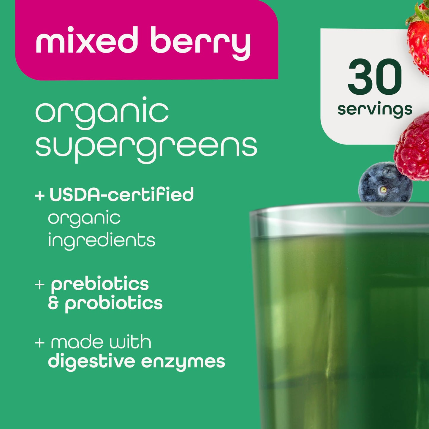 Zena Nutrition Organic Supergreens Powder, 70+ Superfoods, 0 Sugar, 3G Fiber, Spirulina, Chlorella, Antioxidants, Prebiotics/Probiotics, Digestive Enzymes, Mixed Berry, 30 Servings