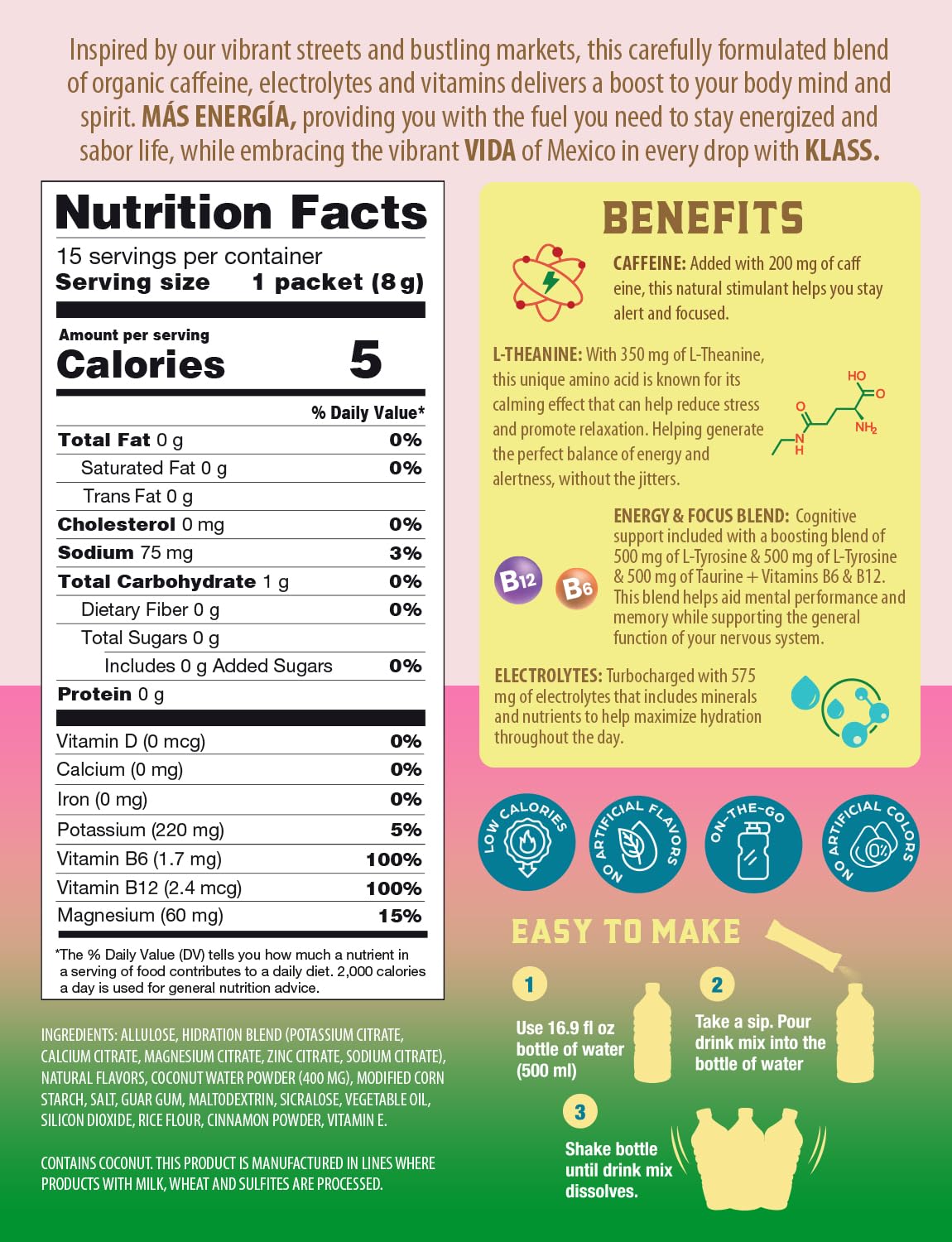 KLASS VIDA Hydration + Energy Sugar-Free Powder Packets |Electrolyte Agua Fresca Drink Mix, Caffeine & Theanine |Hibiscus, Horchata, Strawberry Watermelon |15 Single Serve Sticks |Low Calorie