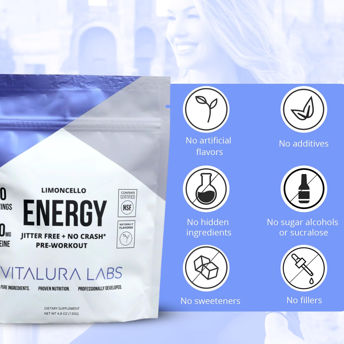 Vitalura Labs Pre-Workout Powder - Caffeine, Theacrine, Rhodiola & L-Theanine for Energy & Endurance - NSF Content Certified - Limoncello Flavored - 30 Servings