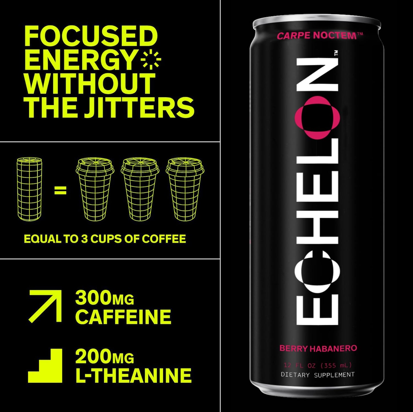 Echelon Pre-Workout Energy Drink - 12-Pack, Berry Habanero - Peak Performance, Sustained Energy, Focus and Endurance Dietary Supplement - 300mg of Caffeine, Beta-Alanine, L-Theanine & Fiber - Vegan