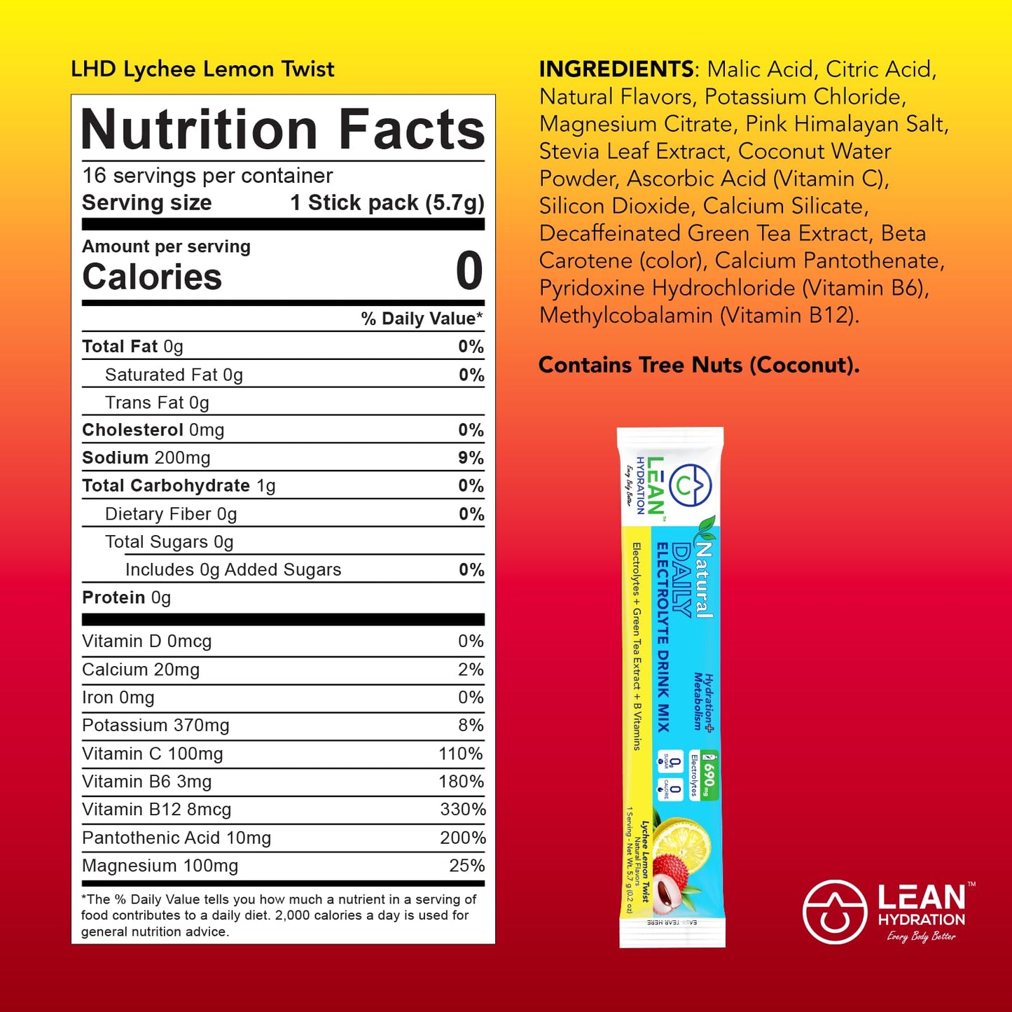 LEAN Hydration Daily Natural Electrolyte Packets Drink Mix | Zero Calories, Zero Sugar Plus Vitamins, Minerals & More | 16 ct (Lychee Lemon Twist)