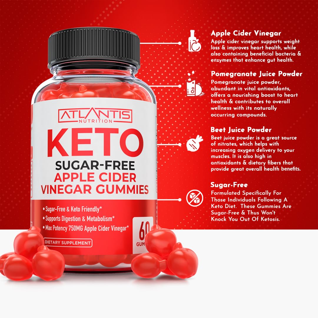 Atlantis Nutrition Sugar-Free Keto ACV Gummies for Weight Loss - Apple Cider Vinegar Gummies Formulated with 750MG ACV Per Serving - Supports Digestion, Weight Loss, Detox & Cleansing - 60 Count