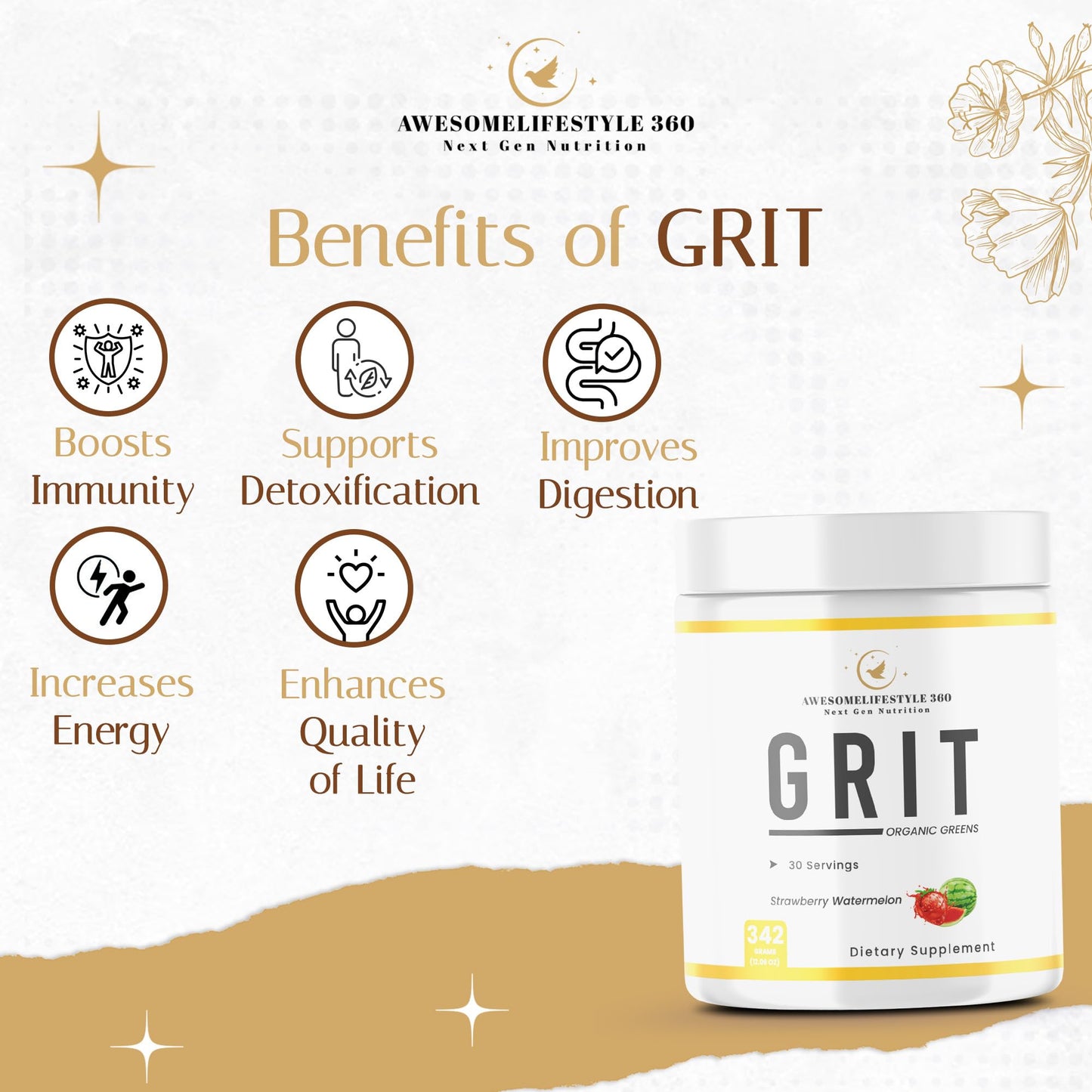 Awesomelifestyle360 Next Gen Nutrition GRIT Organic Greens Strawberry Watermelon Flavor General Health Dietary Supplement Preworkout Energy, Focus & Pumps with Beta, Immune Support
