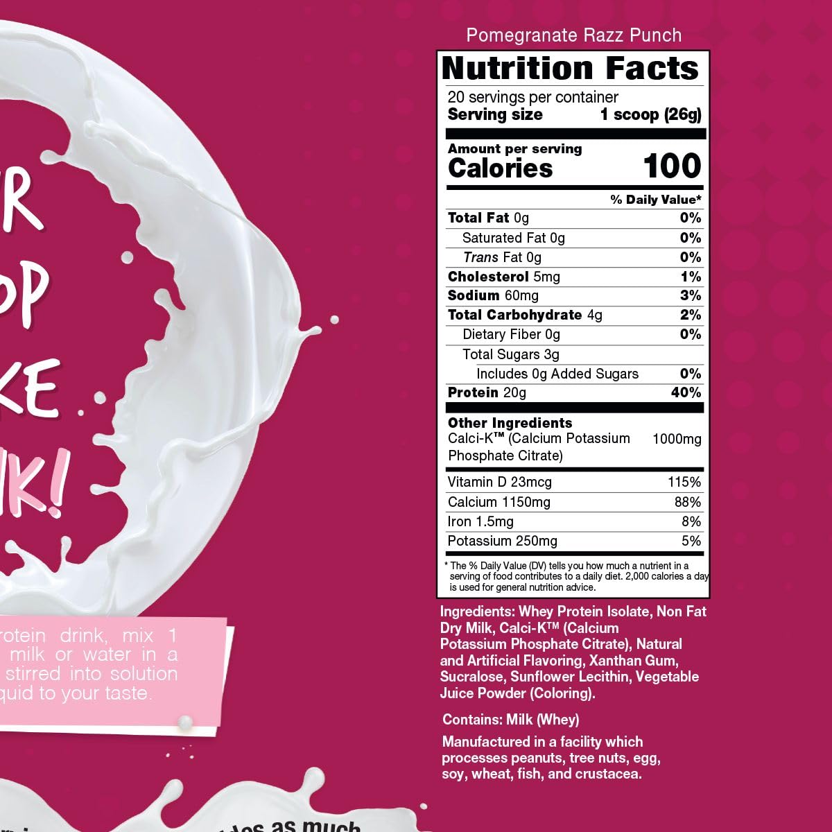 Bariatric Eating Inspire Pomegranate Razz Punch Whey Protein Isolate Powder with Calcium (20 Servings)
