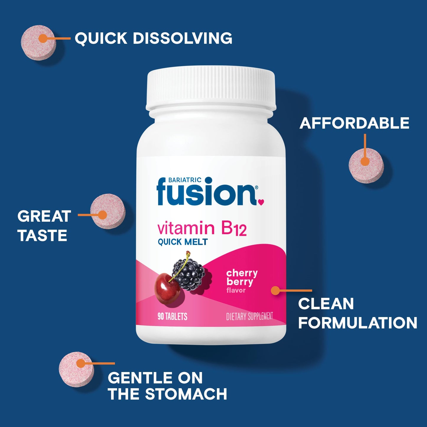 Bariatric Fusion Vitamin B12 Sublingual 1000 mcg Melts | Cherry Berry Flavored | Vitamin B12 Dissolve Under Tongue Tablets with Folic Acid | Sugar Free | Methylcobalamin | 90 Count