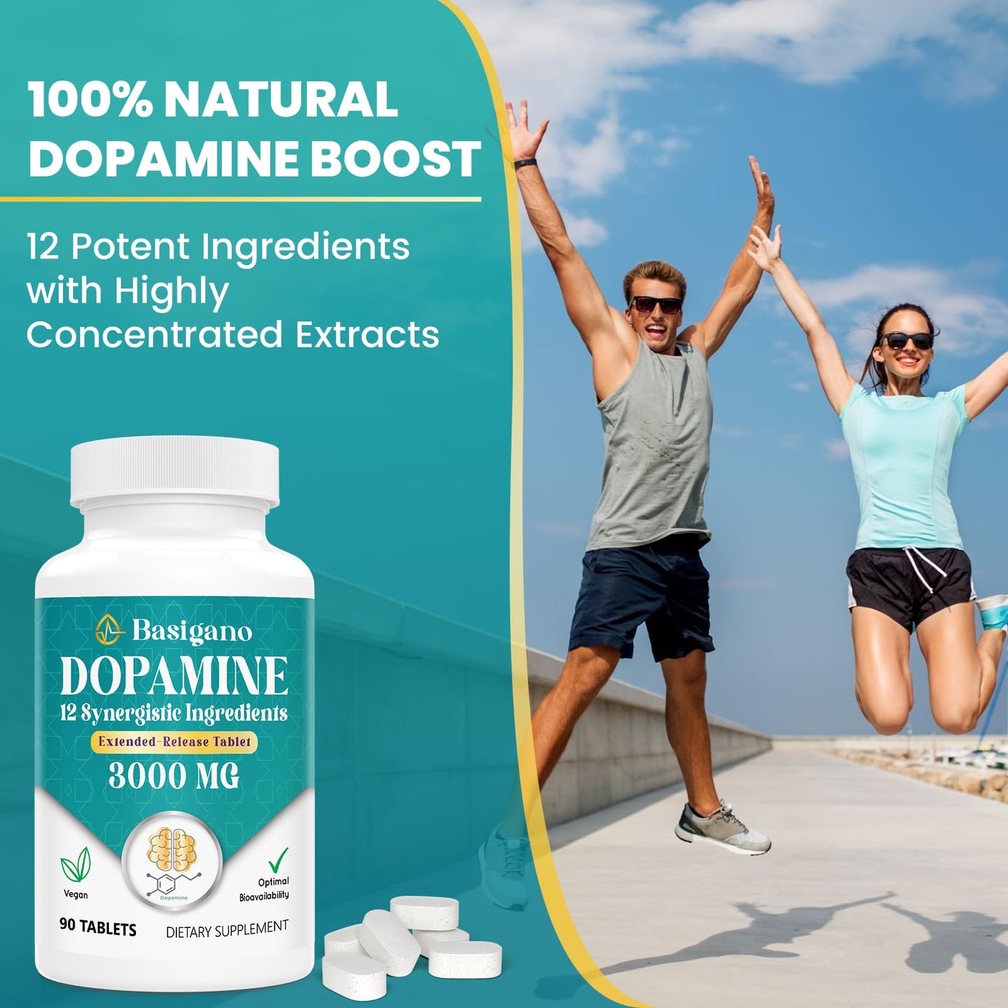 Basigano Natural Dopamine Supplement for Energy, Focus, Motivation, Mental Alertness, Mood, and Stress - Non-GMO, Gluten-Free - 90 Tablets