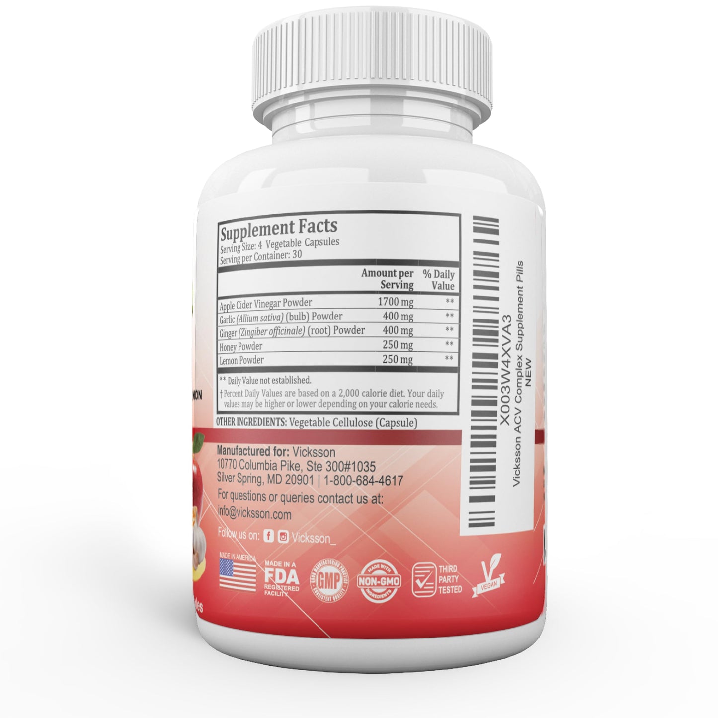 Vicksson Apple Cider Vinegar Pills 1700 mg of ACV with Garlic, Ginger, Lemon & Honey for Weight, Detox, Cleanse, Appetite, Bloating, Metabolism & Immune Support | 120 Capsules