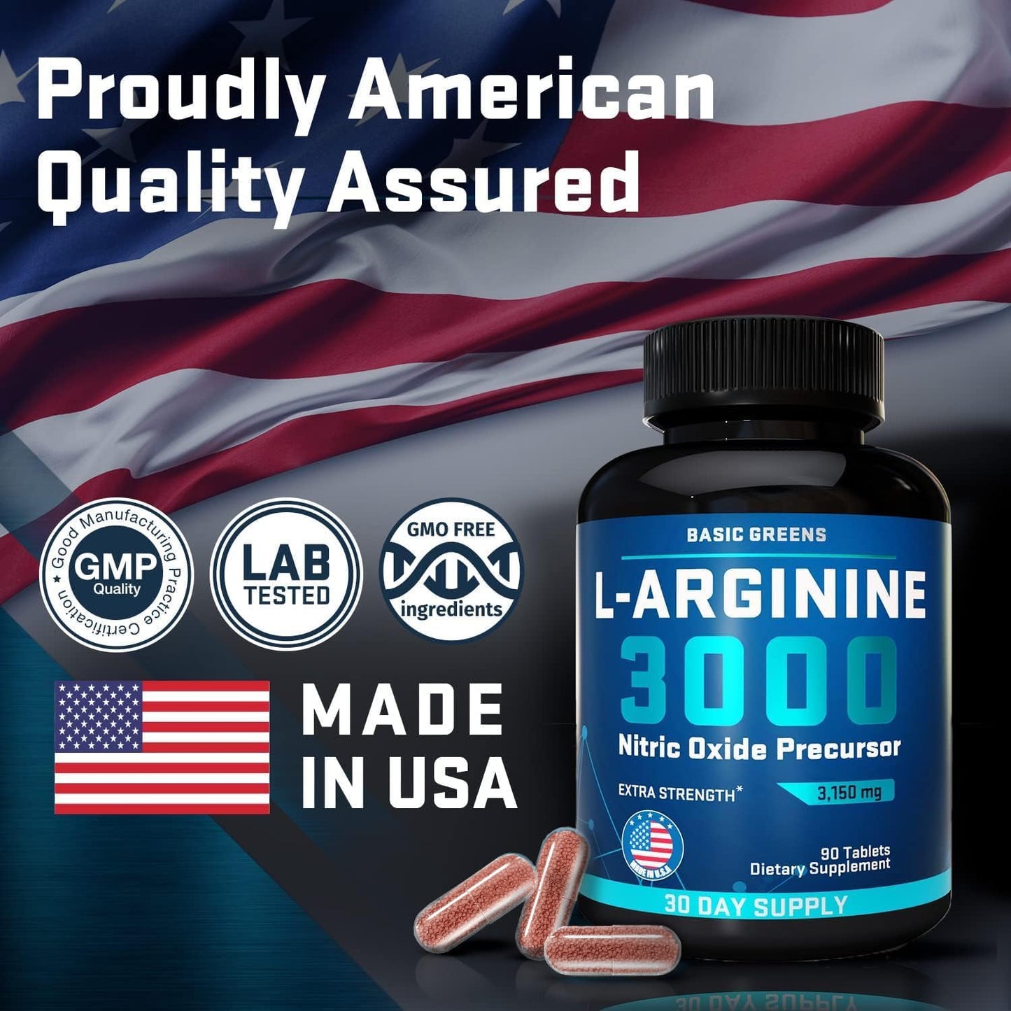 BASIC GREENS L Arginine 3,150mg (90 Capsules) - L-Arginine Supplement for Men and Women with Nitric Oxide Precursor, LArginine Supplement