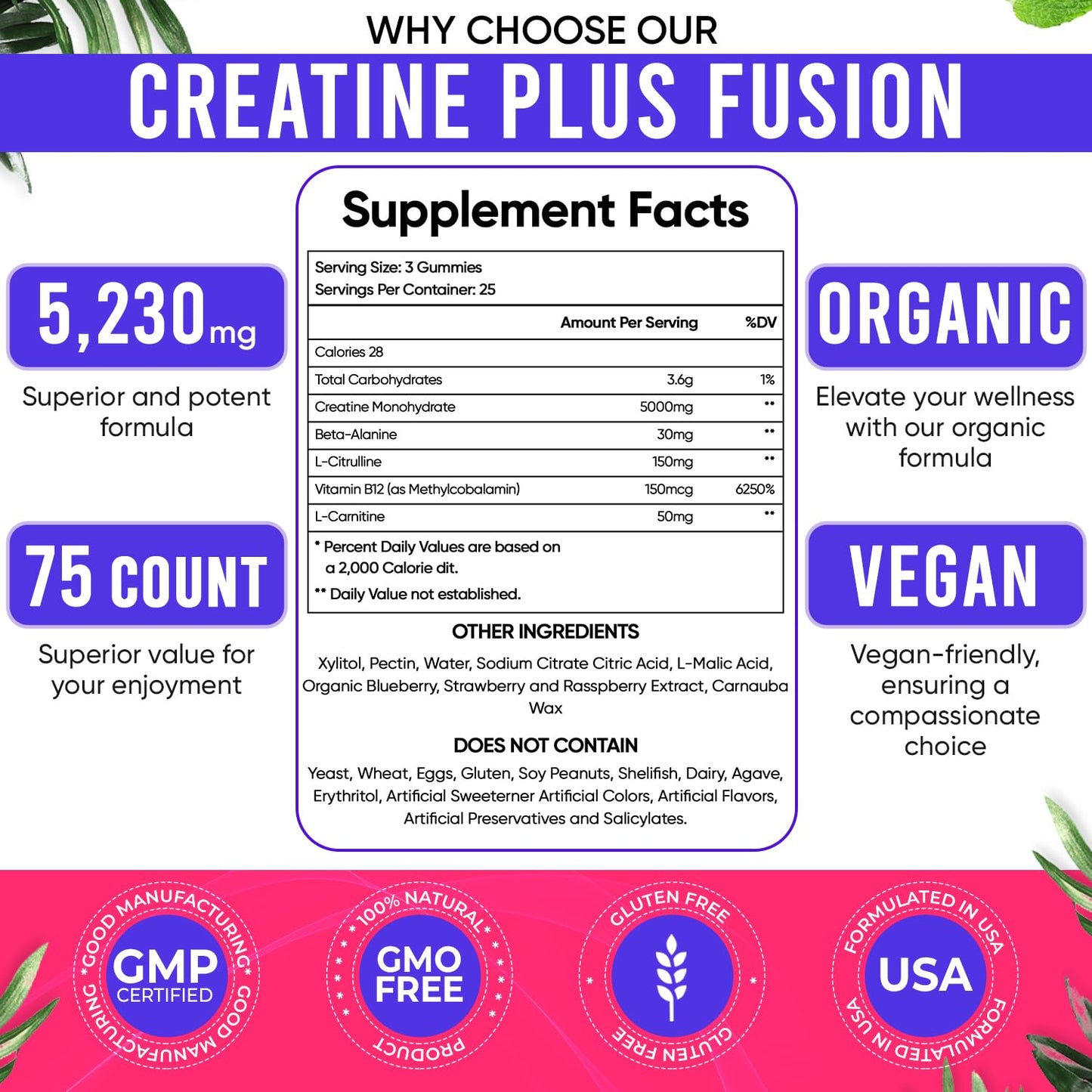 Creatine Monohydrate Gummies for Men & Women - 5000mg per Serving Creatine Supplement with Beta-Alanine, L-Citrulline & B12 - Supports Strength, Energy, and Recovery - 75 Vegan Gummies. Sugar-Free