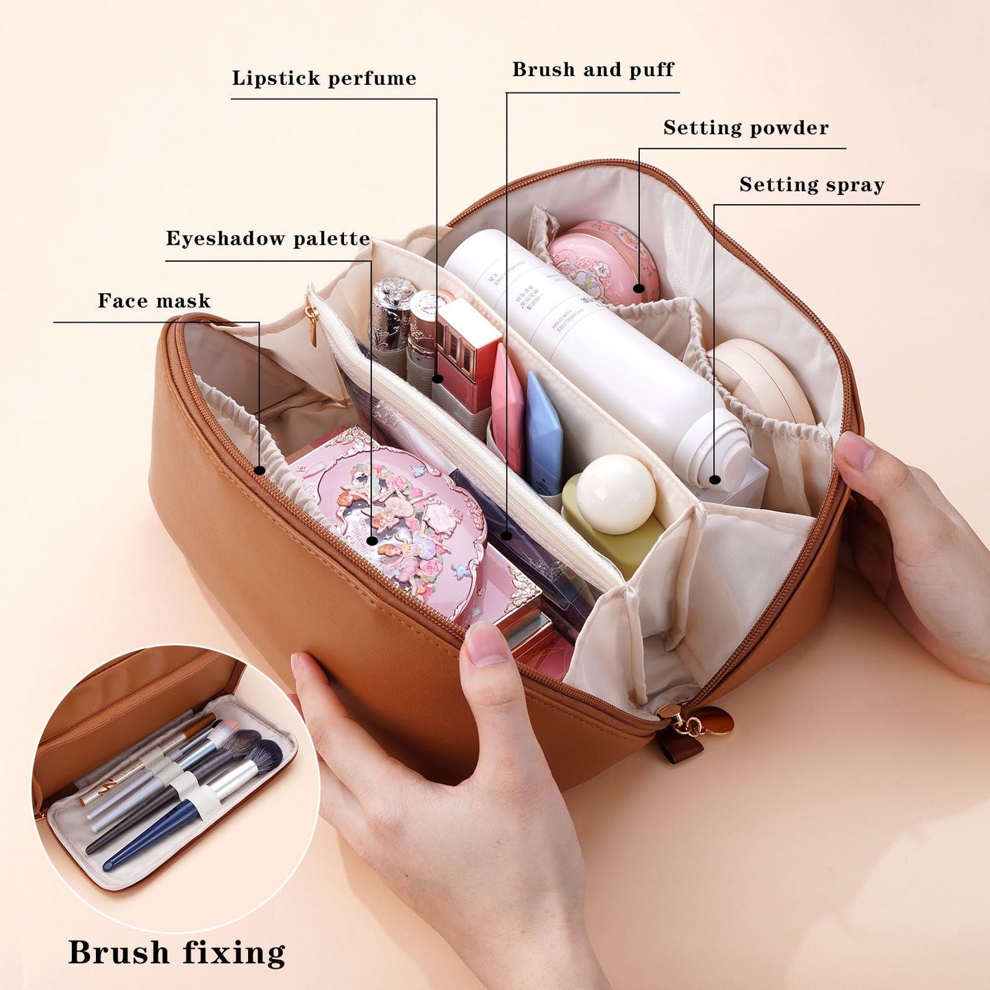 STHAS Women's Cosmetic Organizer, Travel Cosmetic Bag, Waterproof PU Leather Toiletry Bag with Handle and Transparent Compartment