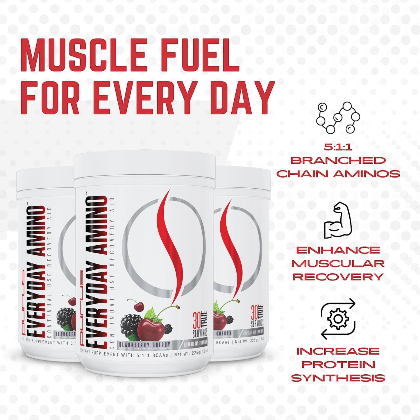 Purus Labs Everyday Amino BCAA Powder | Amino Acids for Muscle Hydration & Recovery | Sugar Free & Gluten Free | 30 Servings (BlackBerry Cherry)