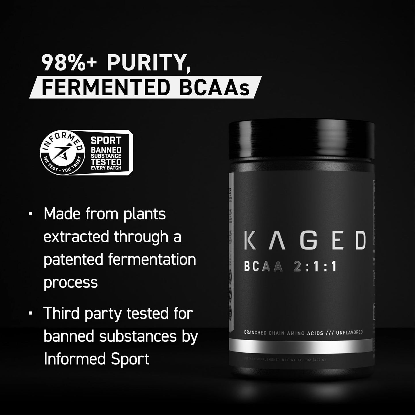 BCAA Powder, Kaged BCAAs Amino Acids, Fermented, Plant Based & Vegan Friendly Branched Chain Amino Acid, 5g BCAA Unflavored, Amino Acid Supplements for Men, 72 Servings