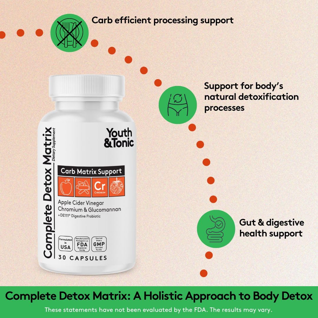 Youth & Tonic Balanced Detox Pills as Complete Gut Cleanse & Carb Matrix Support with ACV, Glucomannan, Chromium for Body Detoxing & Digestive Health, Supplement for Men & Women, Third-Party Tested